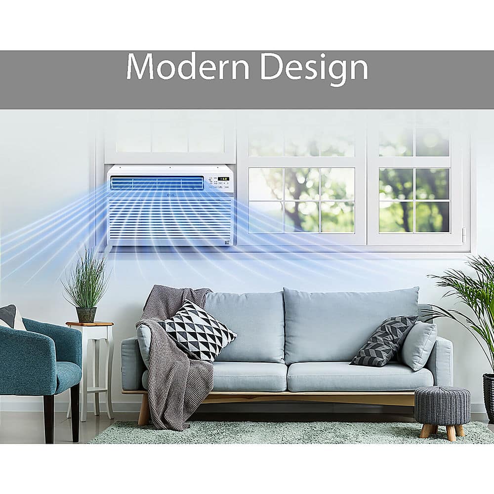 The image showcases a modern design living room with a blue couch, a potted plant, and a small vase. The couch is positioned in front of a window, and a large air conditioner is placed on the wall, creating a comfortable and stylish atmosphere. The room is well-organized, and the furniture and decorations complement each other, reflecting a contemporary and sophisticated interior design.