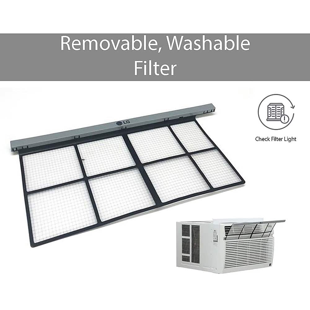 The image features a white air conditioning unit with a removable, washable filter. The filter is designed to be easily cleaned and maintained, ensuring optimal performance and hygiene. The air conditioner is placed next to a white box, which could be a part of the unit or a separate component. The overall scene showcases the practical and user-friendly design of the air conditioning system.