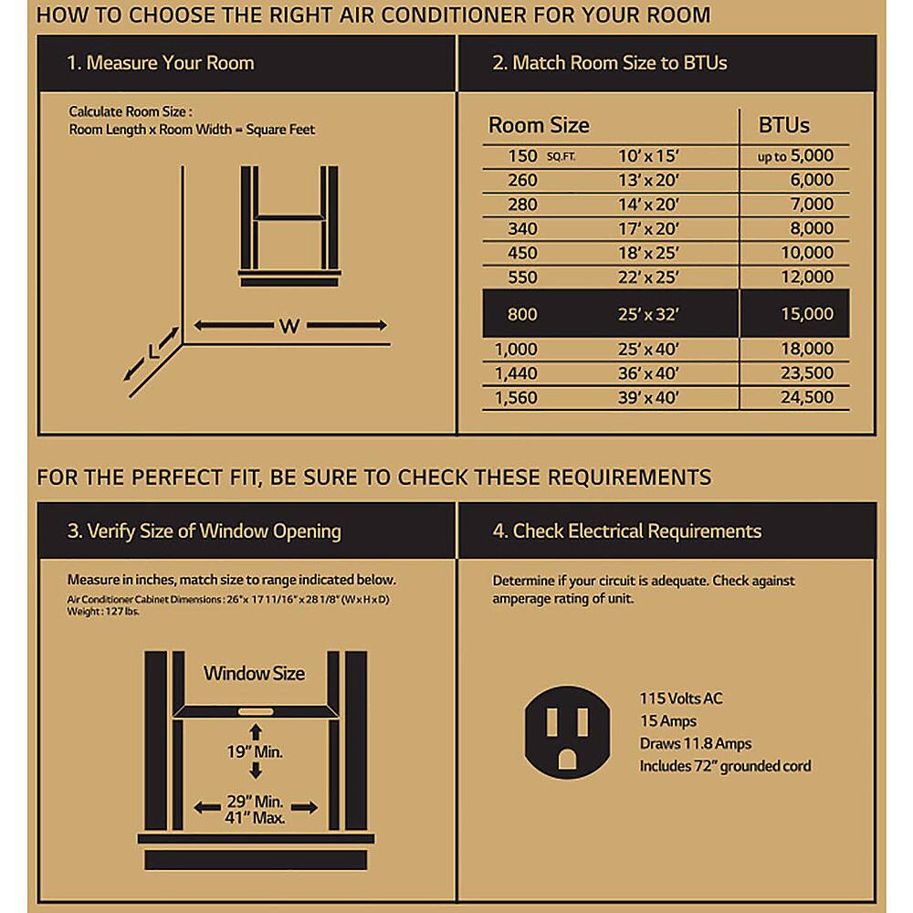 How to Choose the Right Air Conditioner for Your Room
1. Measure Your Room: Calculate the room size in square feet by multiplying the length and width of the room.
2. Match Room Size to BTUs: Determine the appropriate BTU capacity for your room based on the room size.
3. Verify Size of Window Opening: Measure the window opening in inches and ensure it meets the minimum size requirement for the air conditioner.
4. Check Electrical Requirements: Determine if your circuit is adequate by checking against the amperage rating of the unit.
For the Perfect Fit, Be Sure to Check These Requirements:
1. Verify Size of Window Opening
2. Check Electrical Requirements
3. Measure in inches, match size to range indicated below.
4. Air Conditioner Cabinet Dimensions (26x(WxHxD))
5. Weight (127 ISL)
6. Determine if your circuit is adequate. Check against amperage rating of unit.
7. Window Size (19" Min.)
8. Includes 72" grounded cord
9. 29" Min.
10. 41" Max.