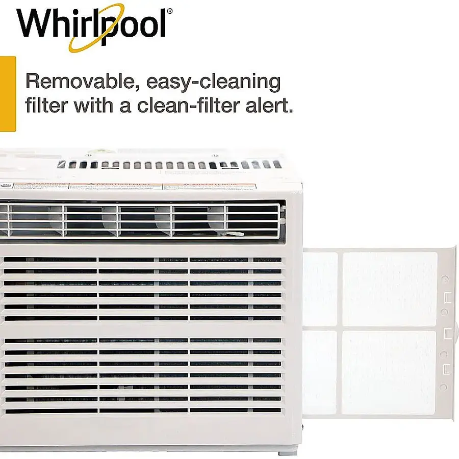 The image features a white Whirlpool air conditioner with a removable and easy-cleaning filter. The filter is designed to alert users when it needs to be cleaned, ensuring optimal performance and hygiene. The air conditioner is placed in a room, ready to provide cooling comfort during hot weather.