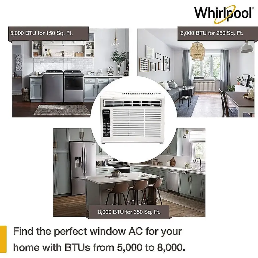 The image showcases a kitchen and living room setting with various appliances and furniture. The kitchen features a refrigerator, sink, and oven, while the living room has a couch and a potted plant. The image also displays a window air conditioner, which is the central focus of the advertisement. The advertisement emphasizes the importance of finding the perfect window AC for your home, with BTUs ranging from 5,000 to 8,000. The image highlights the need for an efficient and suitable air conditioning unit to ensure comfort and energy efficiency in your home.