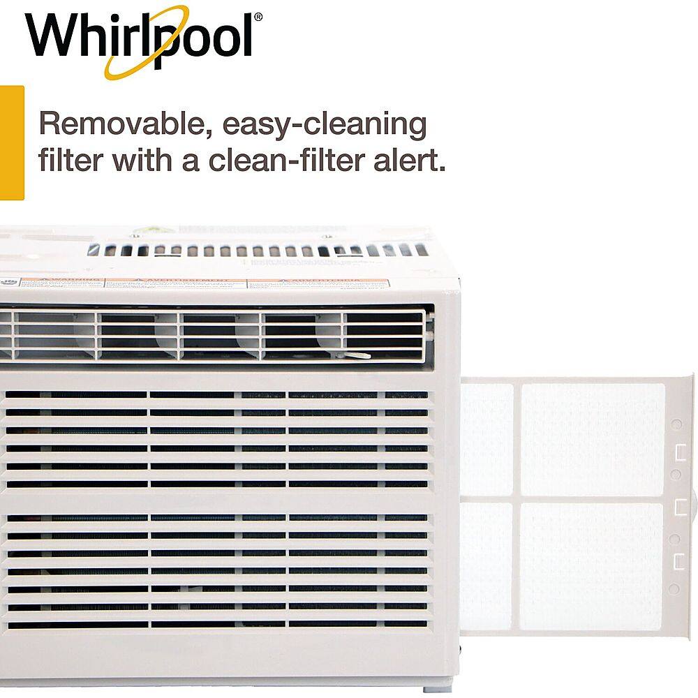 The image features a white Whirlpool air conditioner with a removable, easy-cleaning filter. The filter is designed to be simple to clean and maintain, ensuring optimal performance and hygiene. Additionally, the air conditioner has a clean-filter alert system that notifies users when the filter needs to be cleaned or replaced, ensuring that the appliance remains efficient and effective in cooling the space.