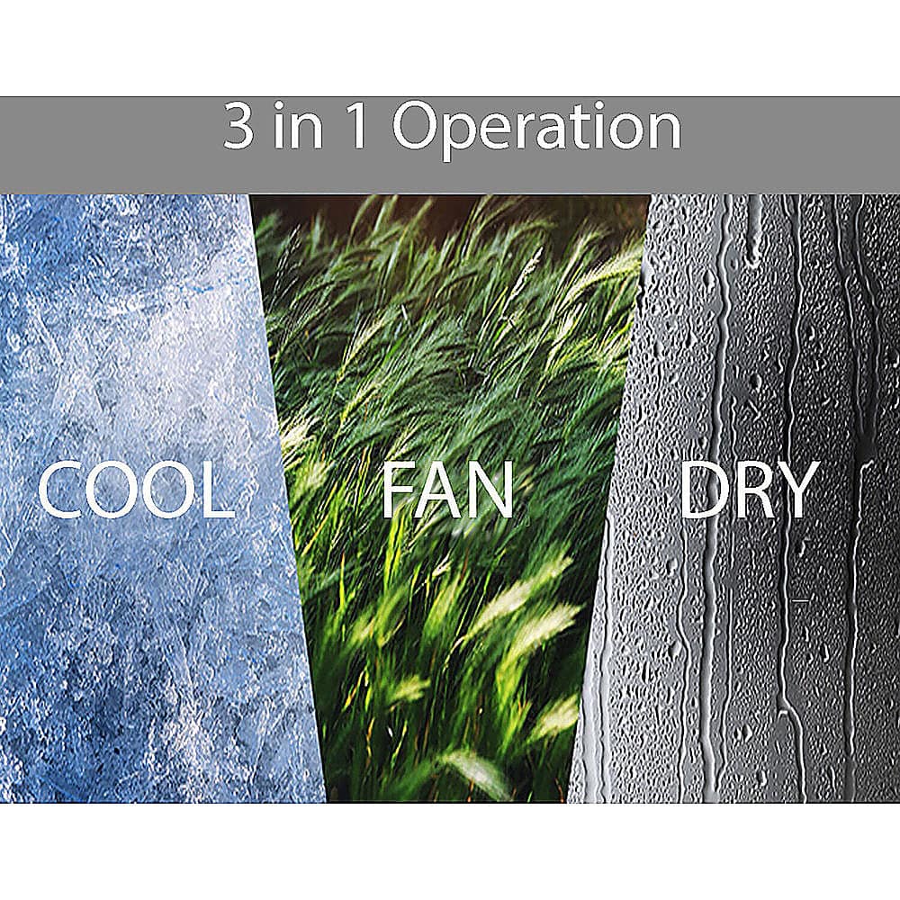 The image features three different settings: cool, fan, and dry. The cool setting is represented by a blue background, the fan setting is represented by a green background, and the dry setting is represented by a gray background. The text "3 in 1 Operation COOL FAN DRY" is displayed at the top of the image, emphasizing the three distinct settings.