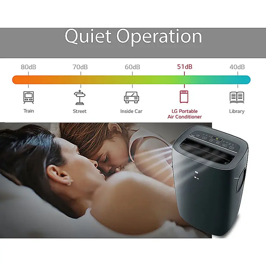 The image showcases a woman and a child sleeping peacefully in a bed. The woman is lying down with her head on the child's chest. In the background, there is an LG portable air conditioner, which is designed to operate quietly, making it ideal for use in a bedroom setting. The image emphasizes the quiet operation of the air conditioner, as it is placed in front of the sleeping woman and child.