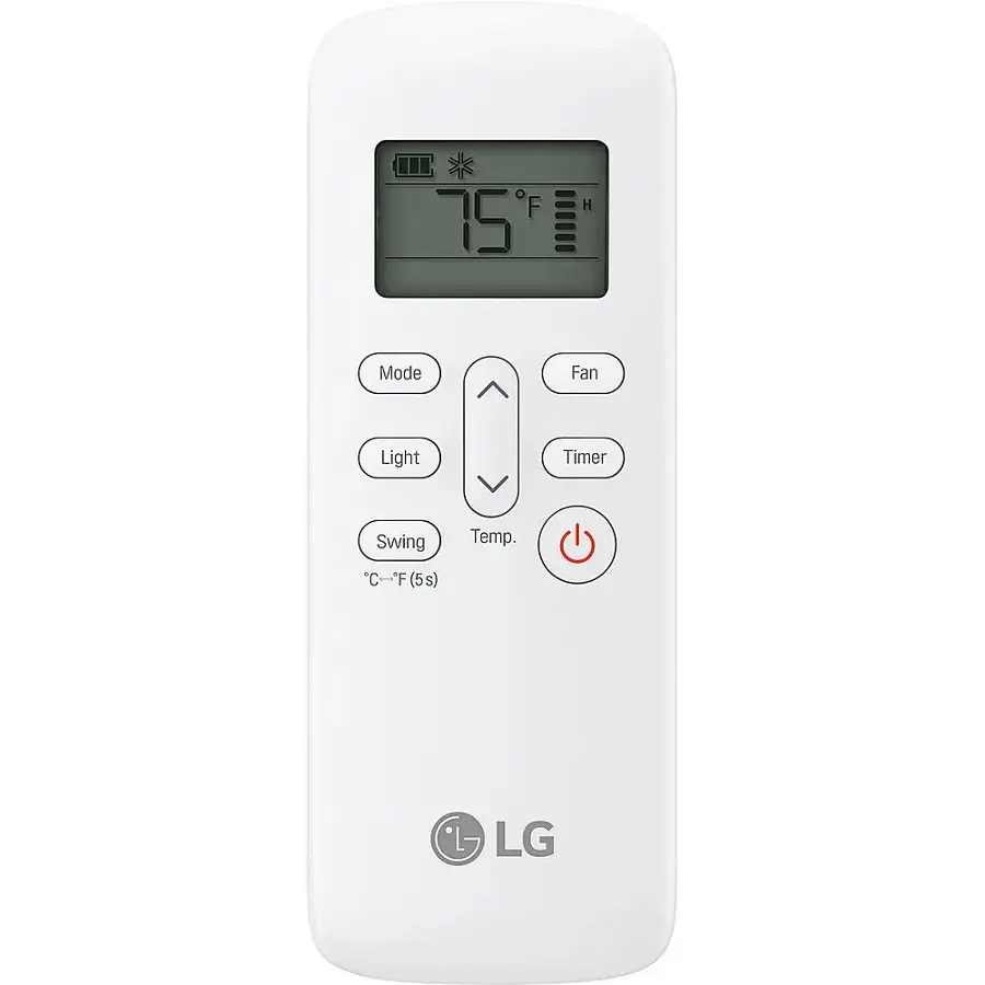 The text on the image reads: "F 75 H Mode Fan Light Timer Swing Temp. C C*F I F (5s) LG." This text is grouped and corrected as follows:

"F 75 H Mode Fan Light Timer Swing Temp. C C*F I F (5s) LG."

The text is grouped as follows:

1. "F 75 H Mode Fan Light Timer Swing Temp." - This is a description of the device's features.
2. "C C*F I F (5s) LG" - This is a statement about the device's temperature settings.
