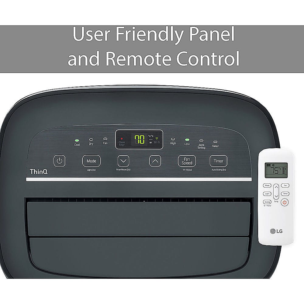 The image features a black appliance with a remote control and a panel. The remote control is located on the right side of the appliance, and the panel is situated on the left side. The appliance is designed to be user-friendly, with a cool dry fan and various settings such as high, low, auto, and swing. The appliance also has a timer and an LG logo, indicating its brand.