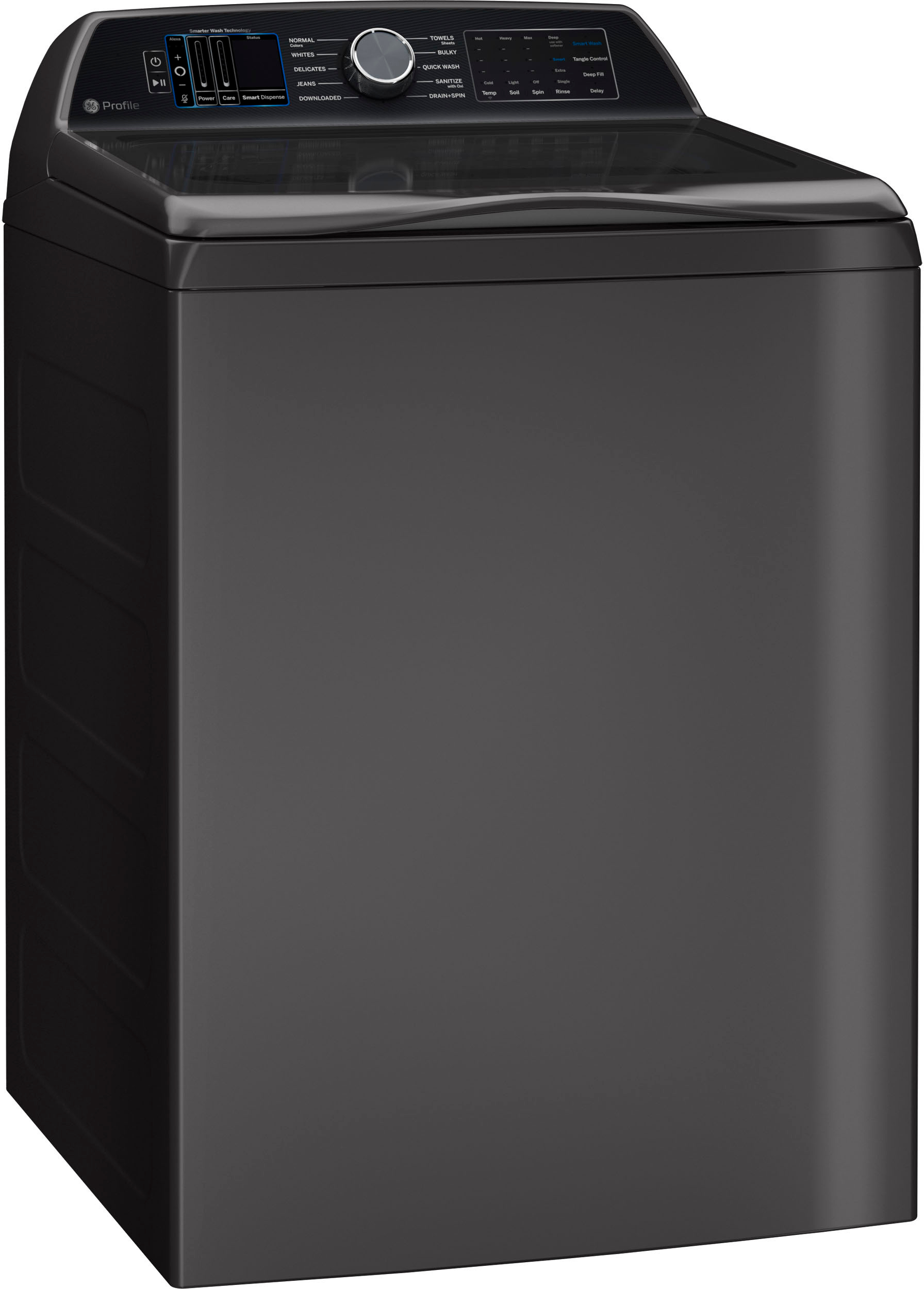 Angle View: GE Profile - 5.3 Cu. Ft. High Efficiency Top Load Washer with Smarter Wash Technology, Easier Reach & Microban Technology - Diamond Gray