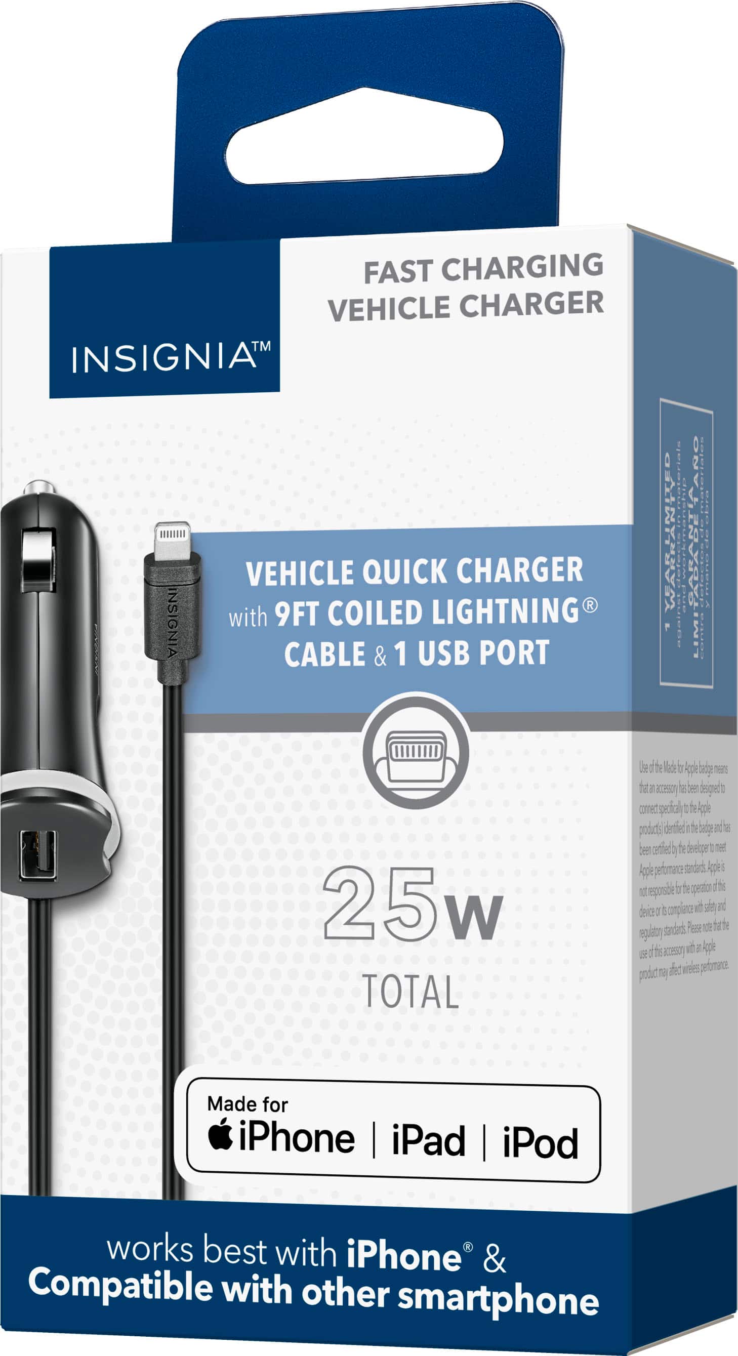 Alt View 14. Insignia™ - 25W Lightning Vehicle Charger with 9ft coiled cable and additional USB Port for iPhone, iPad and More - Black.