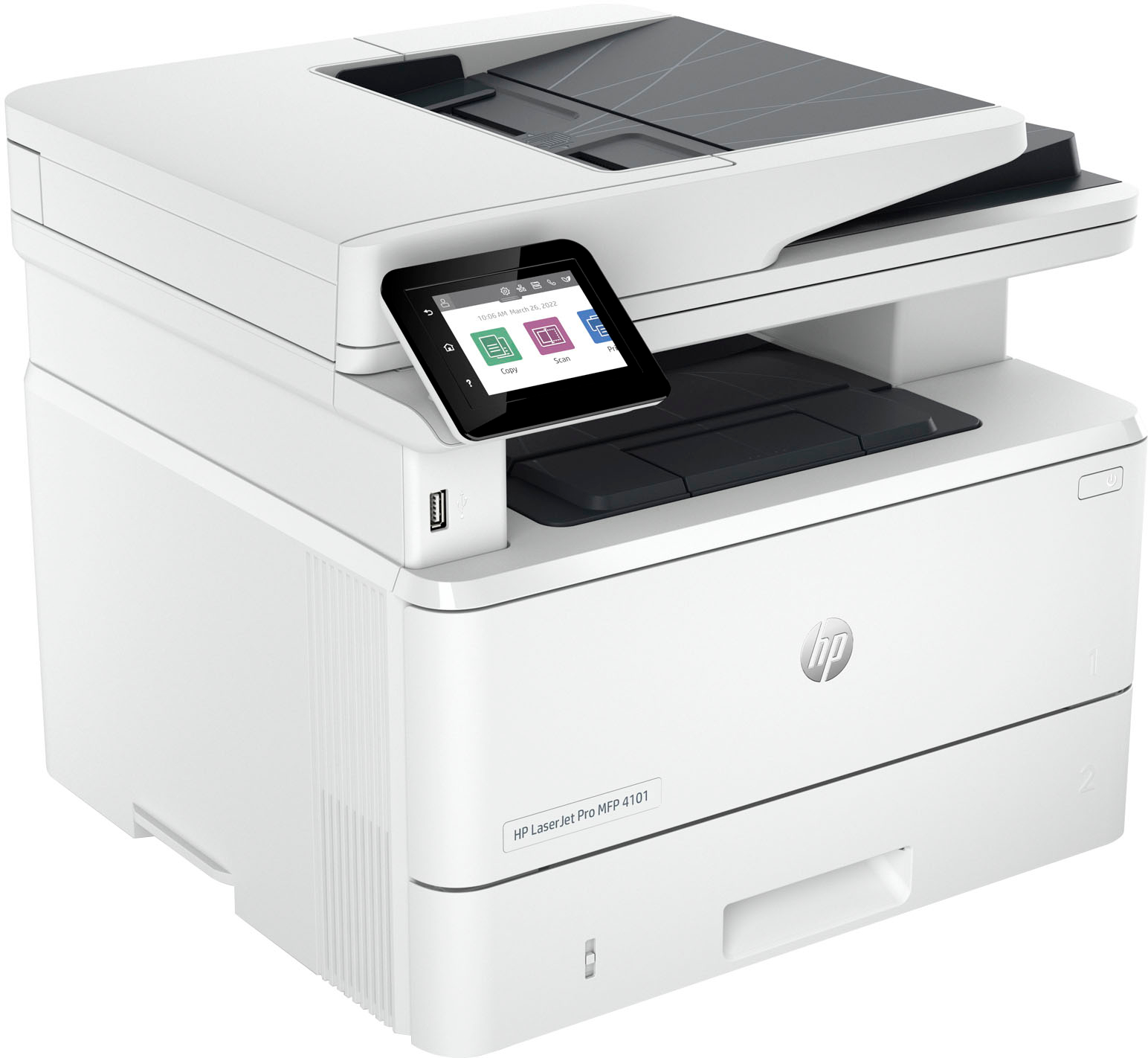 Angle View: HP - LaserJet Pro MFP 4101fdwe Wireless All-In-One Black-and-White Laser Printer with 3 mo. of Instant Ink included with HP+ - White