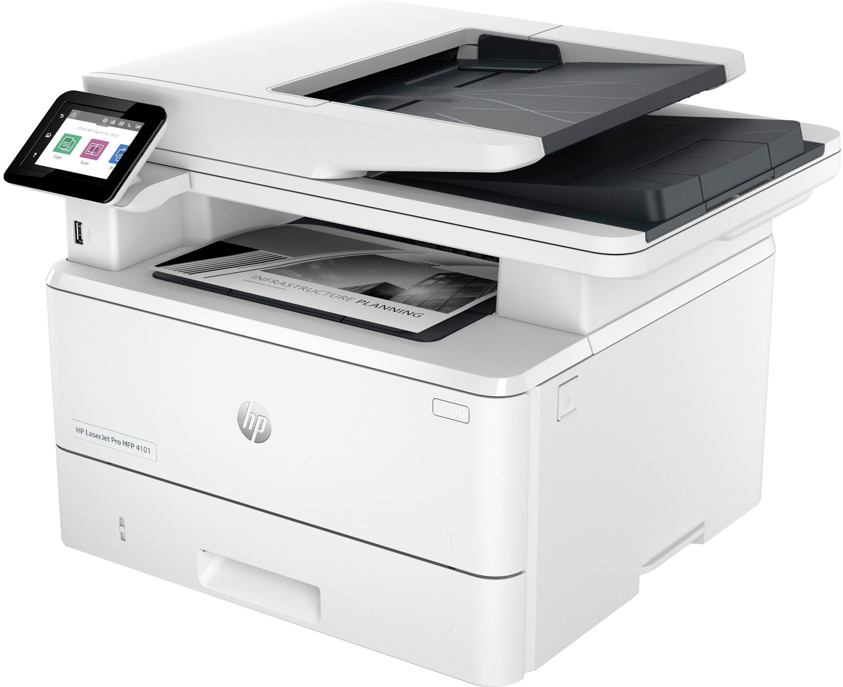 Left View: HP - LaserJet Pro MFP 4101fdwe Wireless All-In-One Black-and-White Laser Printer with 3 mo. of Instant Ink included with HP+ - White