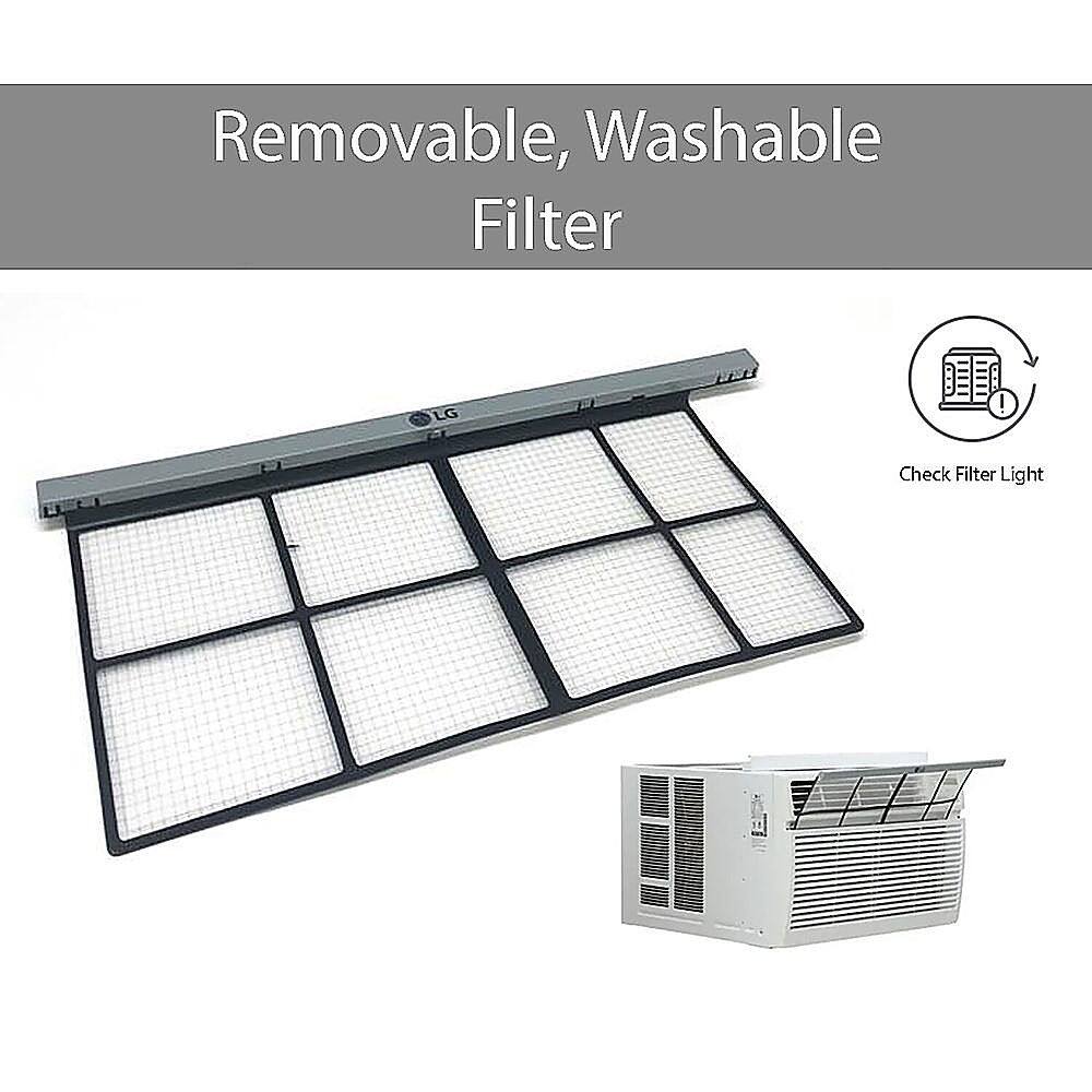 The image features a white air conditioner with a removable, washable filter. The filter is designed to be easily cleaned and maintained, ensuring optimal performance and hygiene. The air conditioner is placed next to a check filter light, which indicates when the filter needs to be cleaned or replaced. This combination of features makes the air conditioner both functional and convenient for users.
