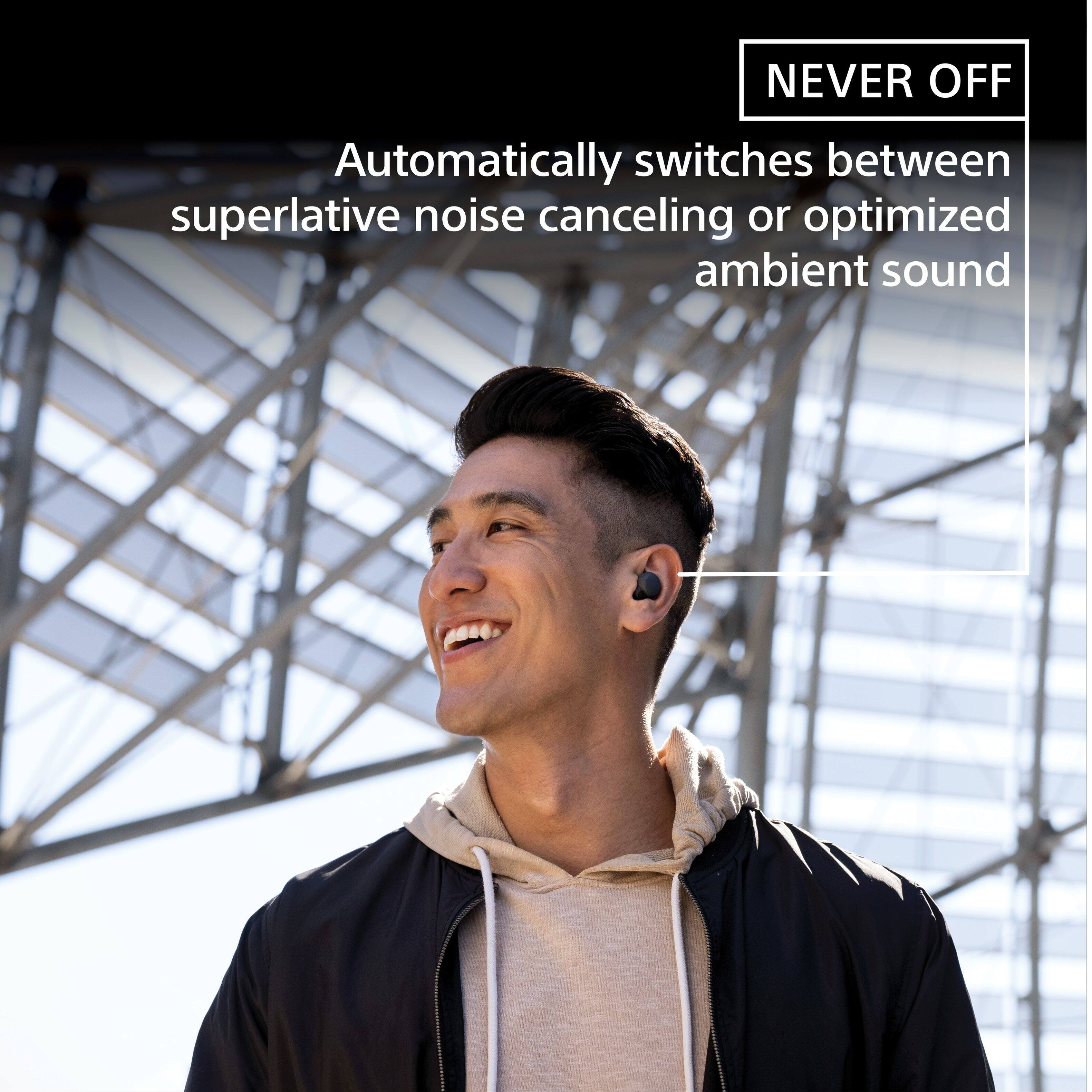 The text on the image reads: "NEVER OFF. Automatically switches between superlative noise canceling or optimized ambient sound."