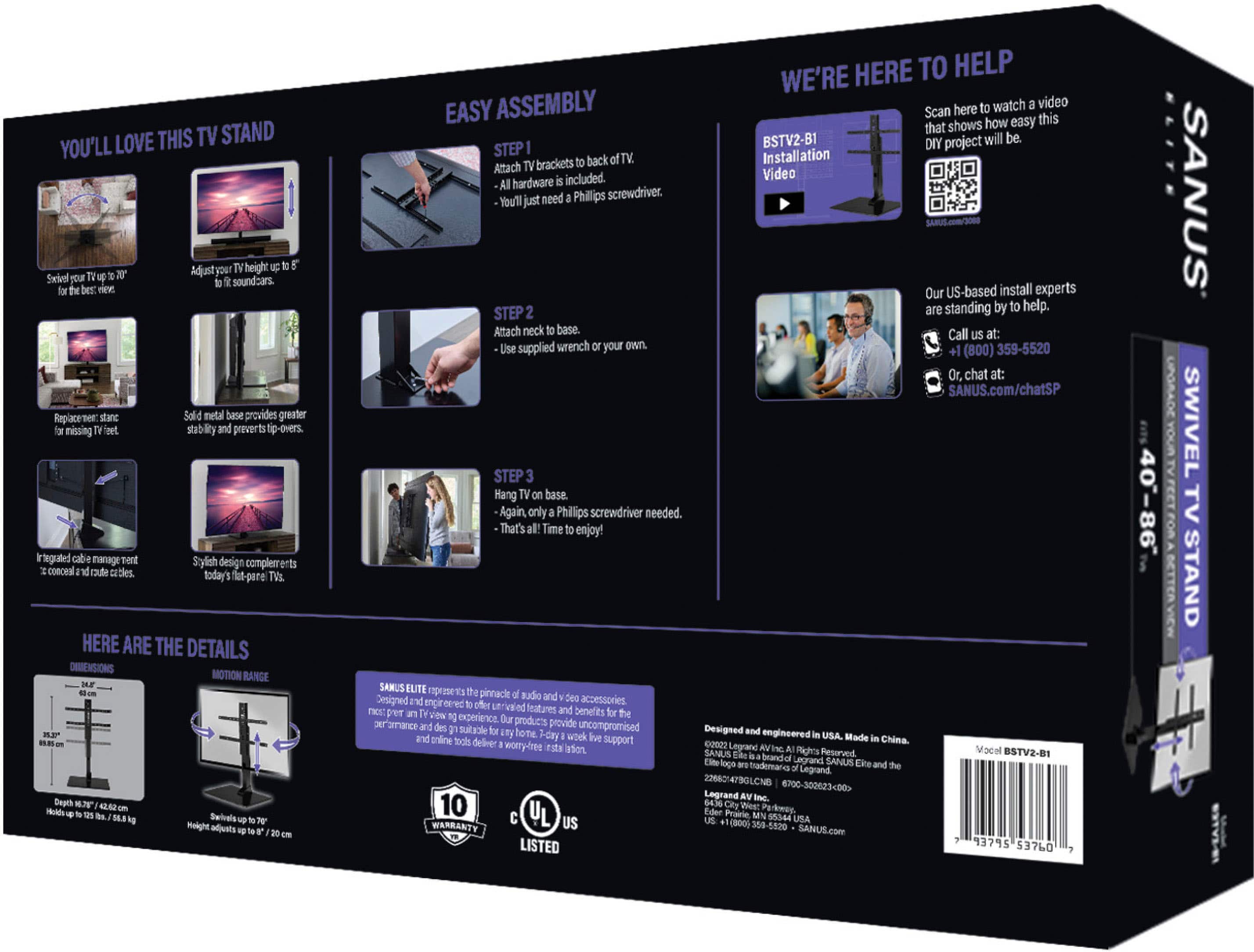 Alt View 15. SANUS Elite - Swivel TV Stand for TVs 40"-86" - Sturdy Base with Swivel, Height Adjustment, and Cable Management - Black.