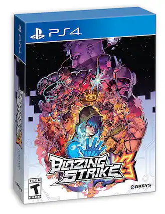 Blazing Strike is a PlayStation 4 game that is rated E for Everyone. The game is developed by Aksys Games and published by Sony Computer Entertainment. The image features a colorful box art with various characters, showcasing the game's action and excitement. - T (Teen 13+)