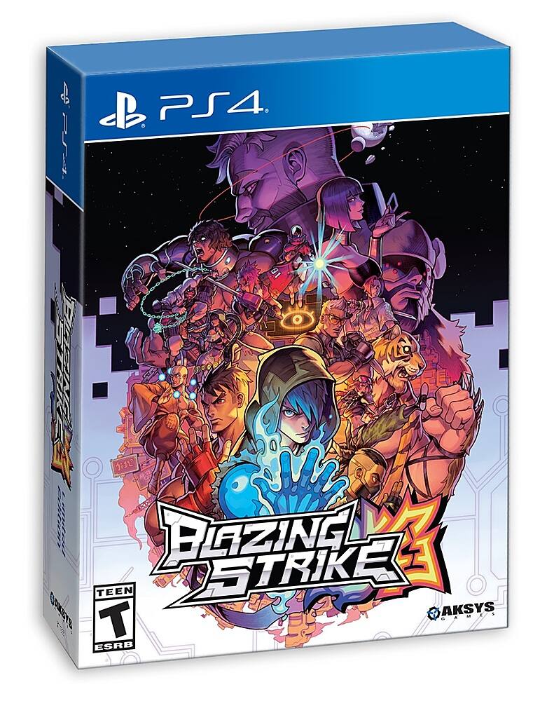 Blazing Strike is a PlayStation 4 game that is rated E for Everyone. The game is developed by Aksys Games and published by Sony Computer Entertainment. The image features a colorful box art with various characters, showcasing the game's action and excitement. - T (Teen 13+)