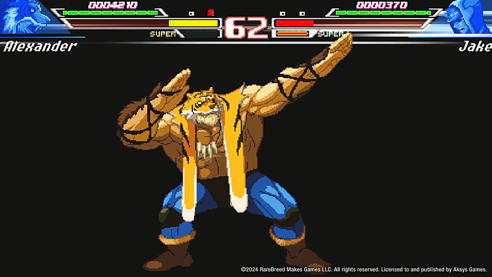 The text on the image reads: "00042 10 Alexander SUPER S 62 0000370 SUPER Jake 2024 RareBreed Makes Games LLC. All rights reserved. Licensed to and published by Aksys Games."