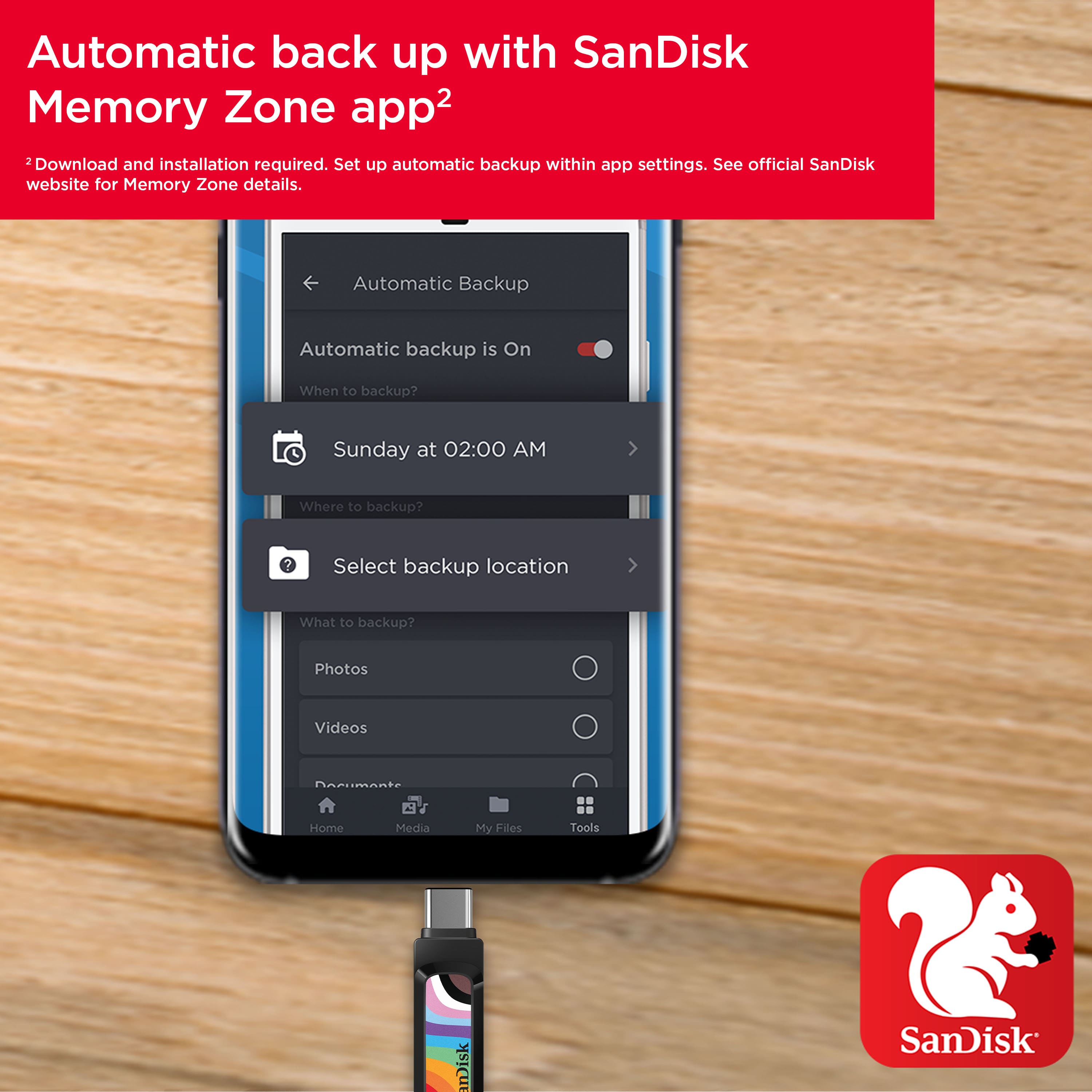 Automatic Backup with SanDisk Memory Zone App:
1. Download and installation required.
2. Set up automatic backup within app settings.
3. See official SanDisk website for Memory Zone details.
4. Automatic Backup: Automatic backup is On.
5. When to backup? Sunday at 02:00 AM.
6. Where to backup? Select backup location.
7. What to backup? Photos, Videos, Home, Media, My Files, Tools.
8. SanDisk Memory Zone.