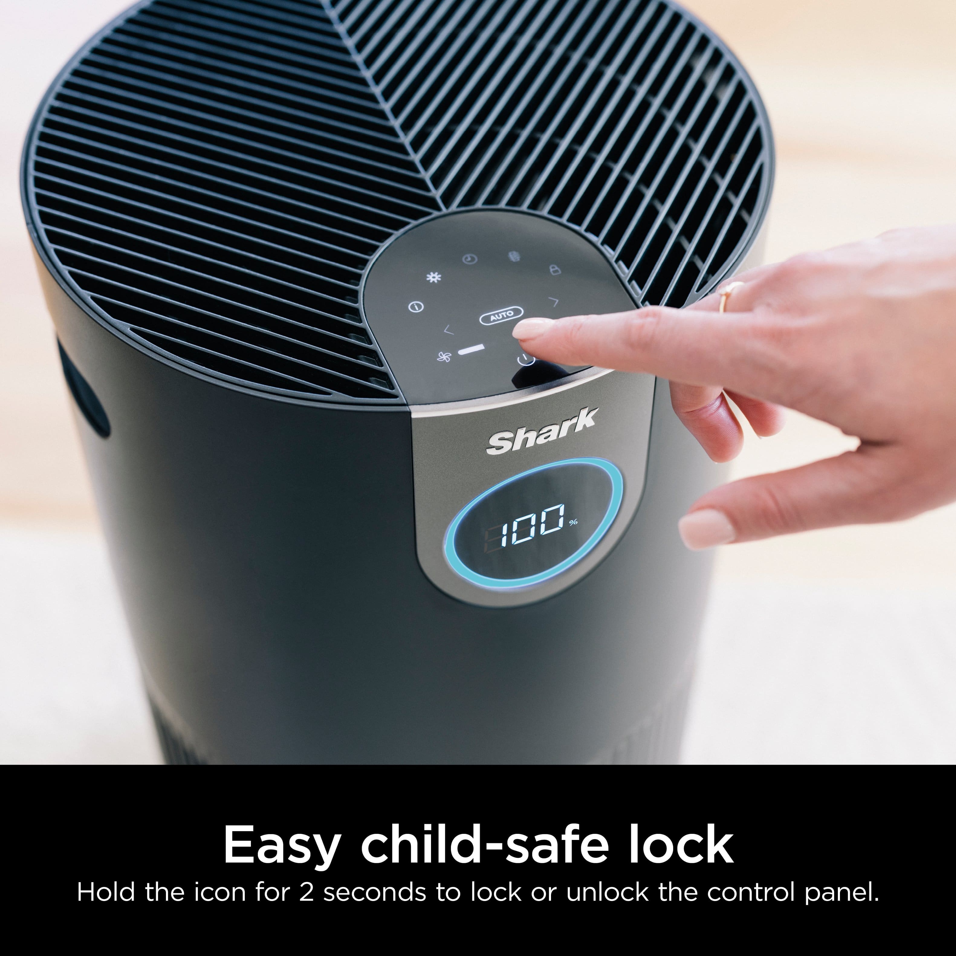 The text on the image reads: "Shark 360, 300. Easy child-safe lock. Hold the icon for 2 seconds to lock or unlock the control panel."