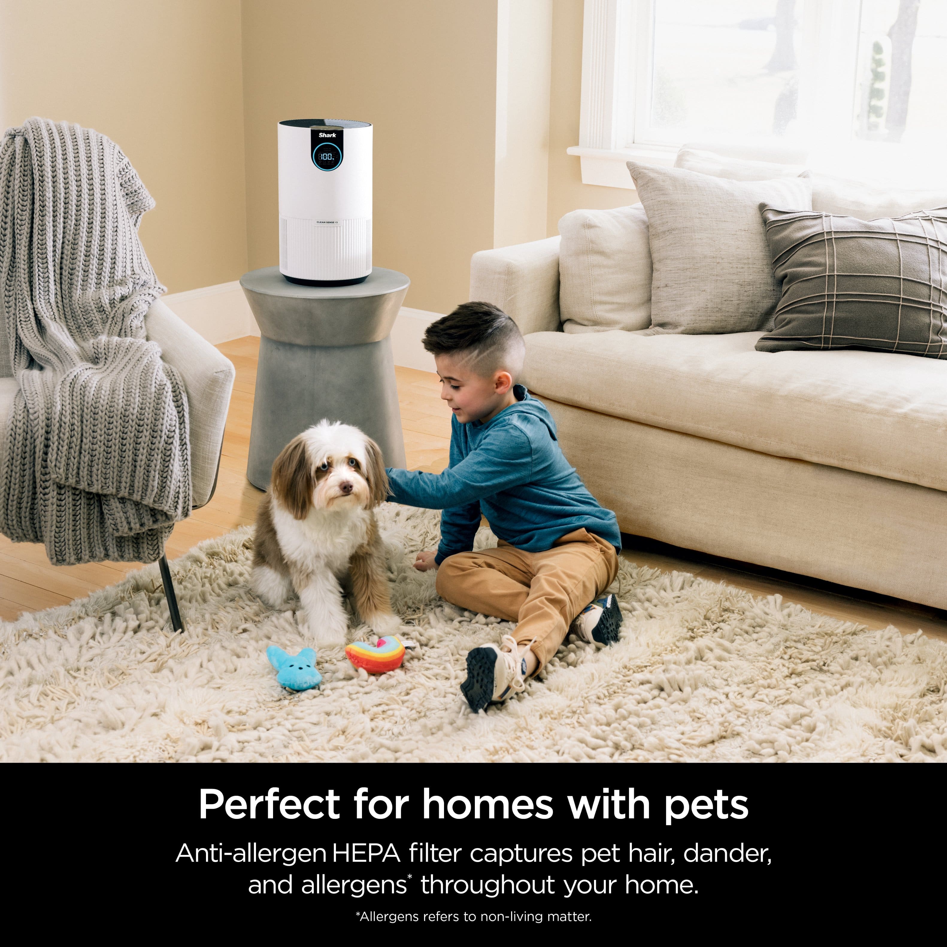 The image shows a young boy sitting on a rug, playing with his dog. The boy is petting the dog, and they are surrounded by various toys. In the background, there is a couch and a chair. The scene appears to be a cozy and comfortable living space for the boy and his pet. The image is likely promoting a product that helps maintain a clean and allergen-free environment for pets and their owners.