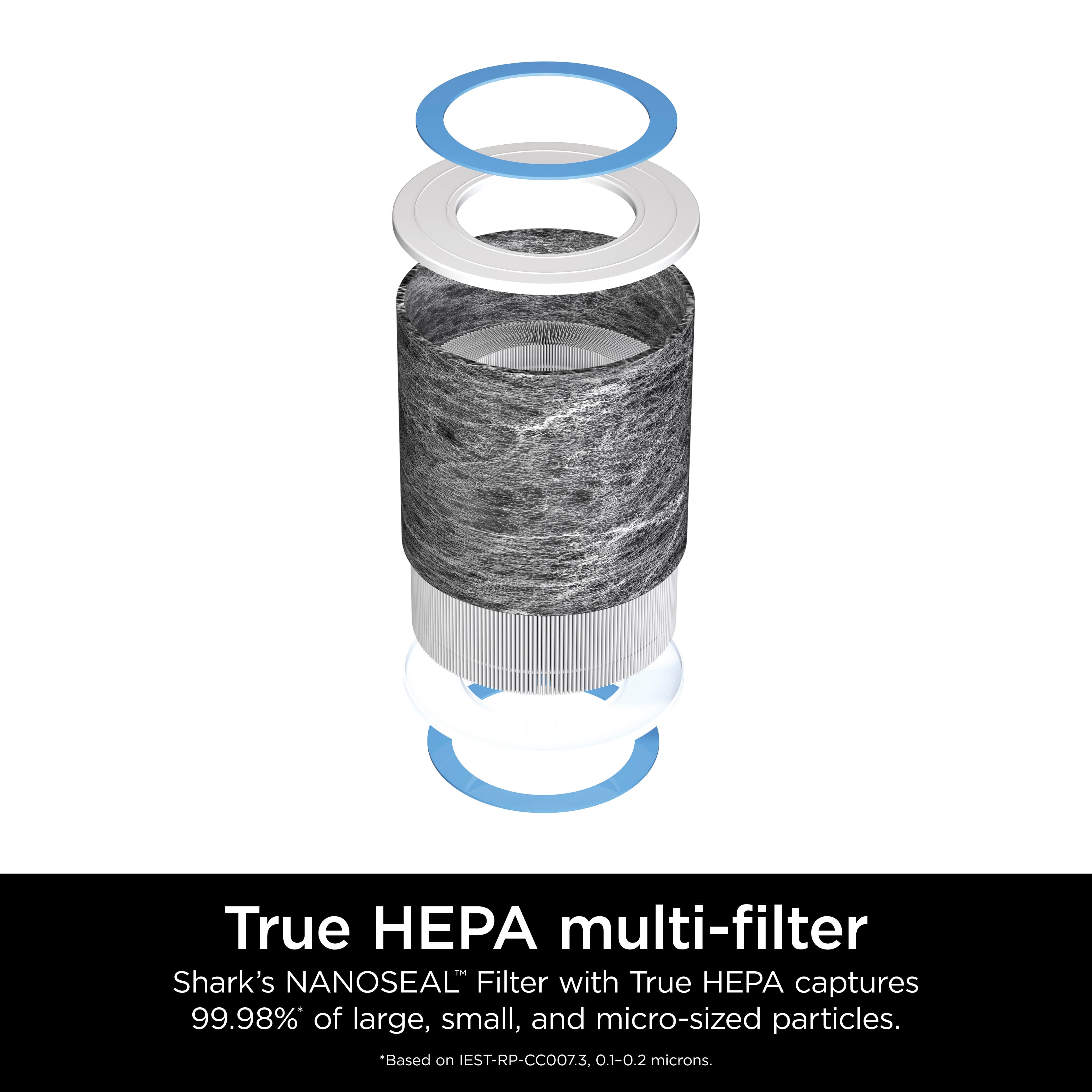 The image features a True HEPA multi-filter, which is designed to capture 99.98% of large, small, and micro-sized particles. This filter is ideal for those looking to improve the air quality in their living spaces. The filter is made by Shark's NANOSEAL and is equipped with True HEPA captures, ensuring that it effectively removes pollutants and allergens from the air.