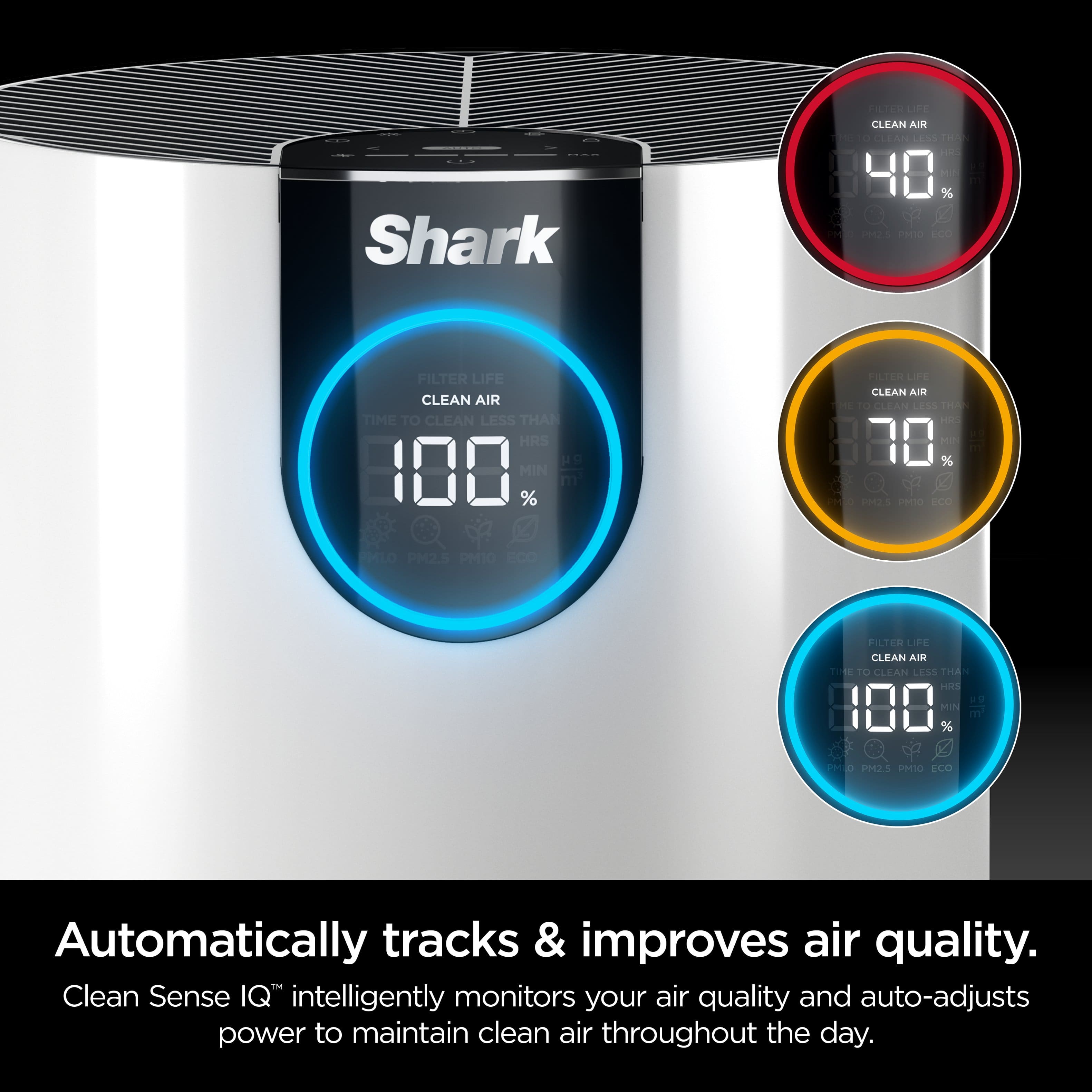 The image features a Shark air purifier with a clean air display, showing the air quality in the room. The air purifier is designed to improve air quality and maintain a clean environment. The display shows the air quality percentage, which is currently at 100%. The air purifier also features an ECO filter, which helps reduce the amount of energy used to maintain clean air. Additionally, the device automatically tracks and improves air quality, making it a convenient and effective solution for maintaining a healthy indoor environment.
