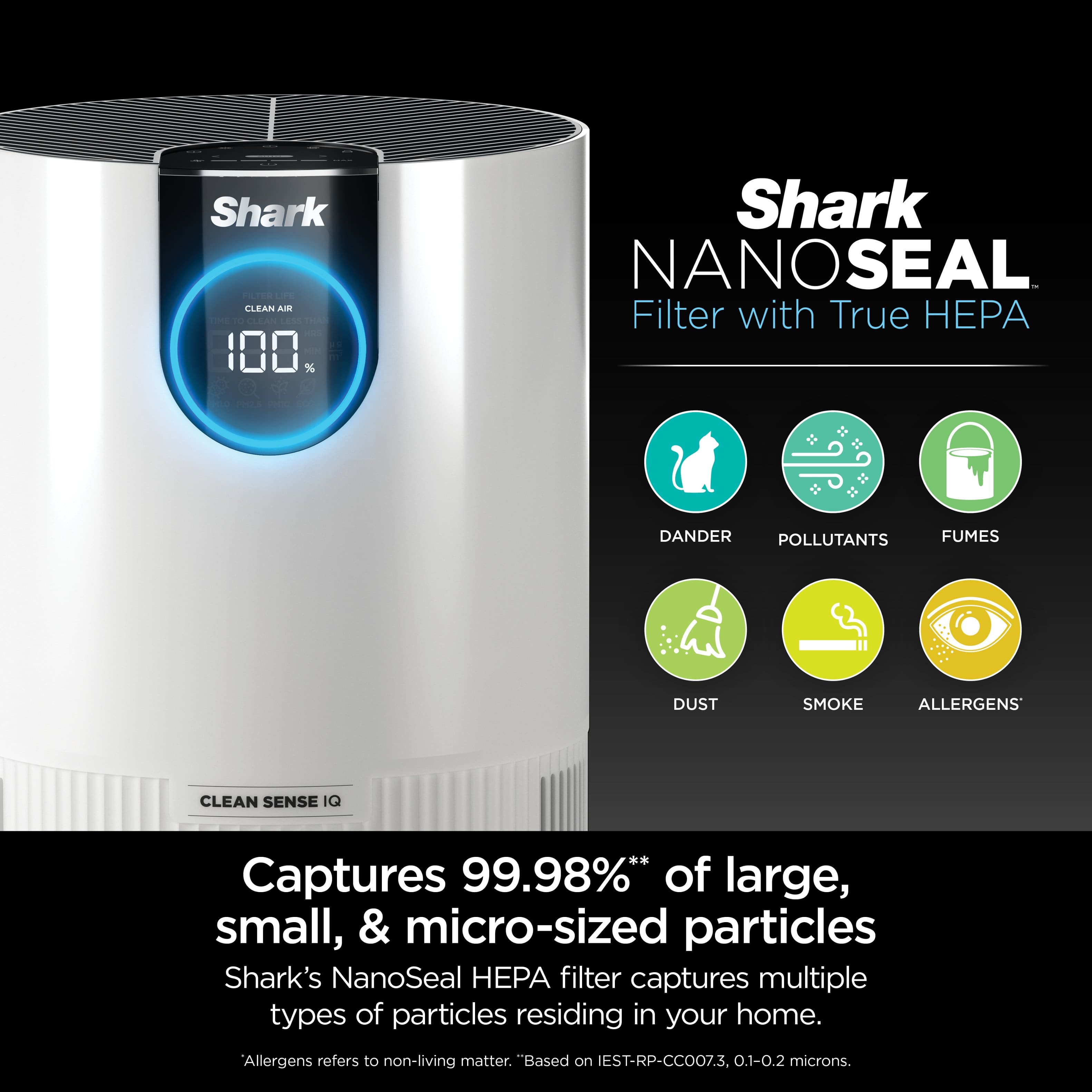 The image features a white Shark NanoSeal filter with a blue button on top. The filter is designed to capture 99.98% of large, small, and micro-sized particles, including dander, pollutants, fumes, dust, smoke, and allergens. The filter is advertised as a clean air solution for your home, providing a sense of cleanliness and improving the overall air quality. The filter is also equipped with a True HEPA filter, which further enhances its effectiveness in removing various types of particles from the air.