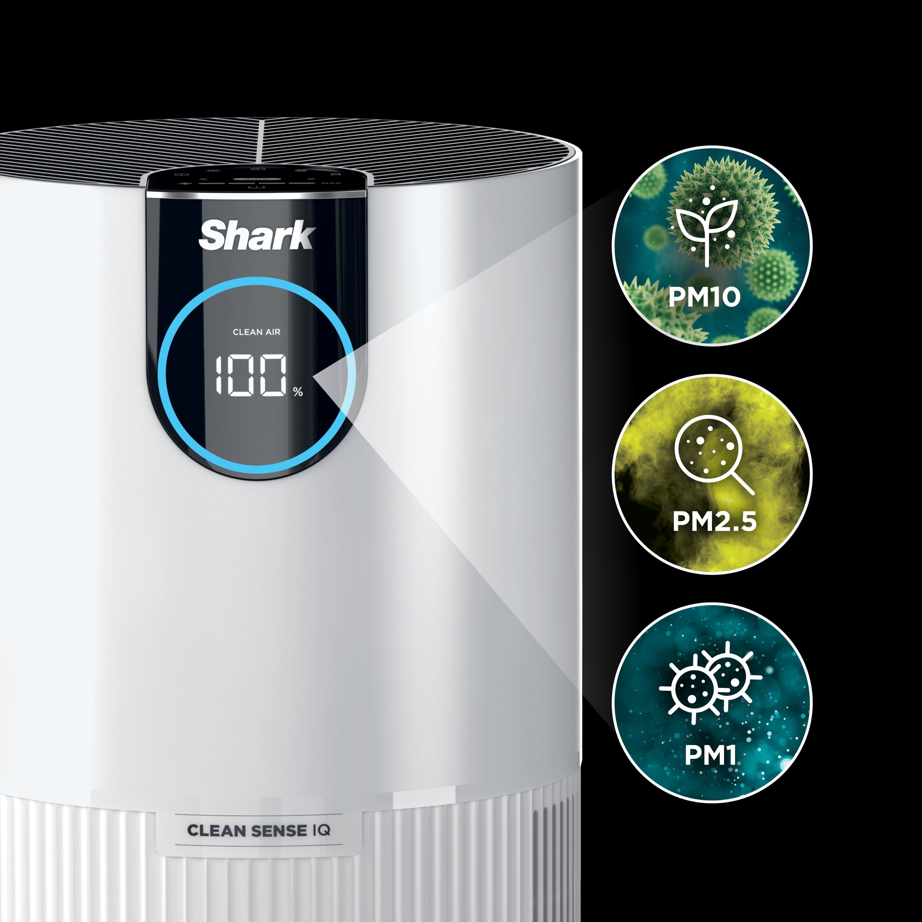 The image features a white Shark air purifier with a digital display showing the current air quality. The air purifier is designed to remove PM10, PM2.5, and PM1 particles from the air, providing a cleaner and healthier indoor environment. The device also has a Clean Sense IQ feature, which helps to improve the overall air quality in the room.