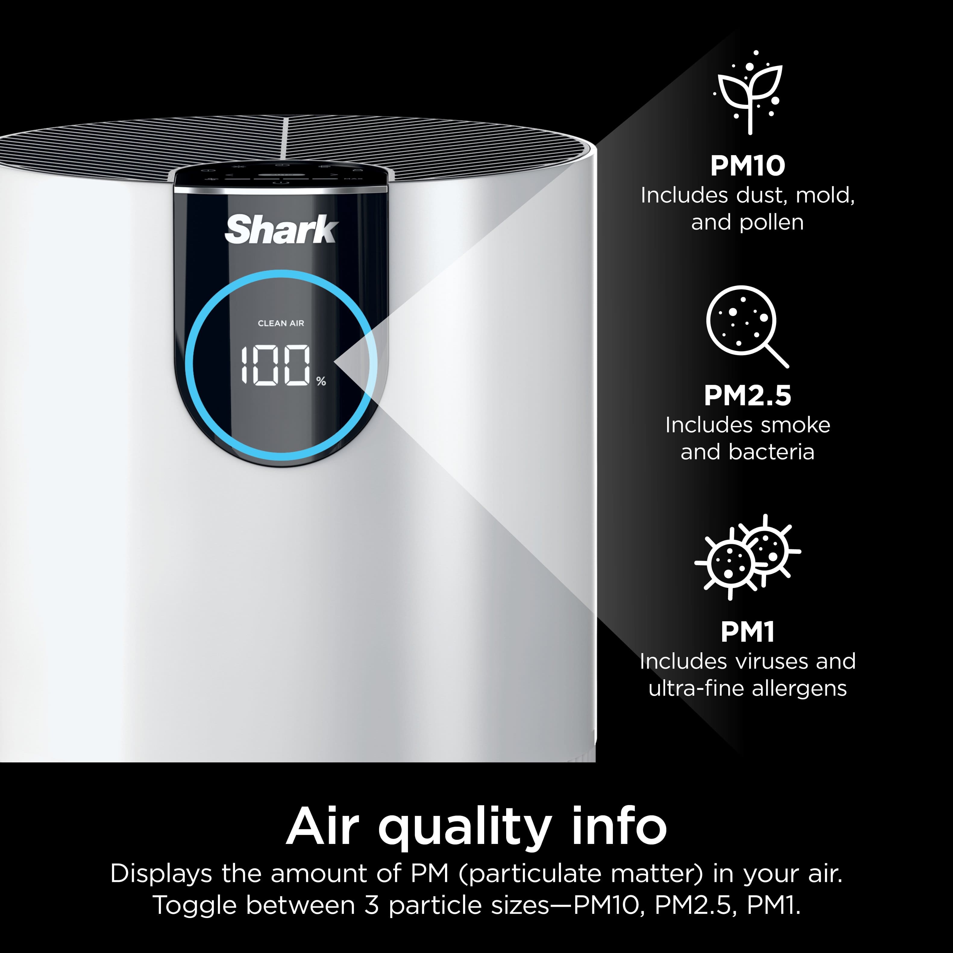The Shark PM10 device is designed to monitor and display the amount of particulate matter (PM) in the air, including dust, mold, and pollen. It also includes smoke and bacteria, as well as viruses and ultra-fine allergens. The device provides air quality information, allowing users to toggle between three particle sizes: PM10, PM2.5, and PM1. This helps to ensure that the air in the surrounding environment is of good quality and safe for breathing.