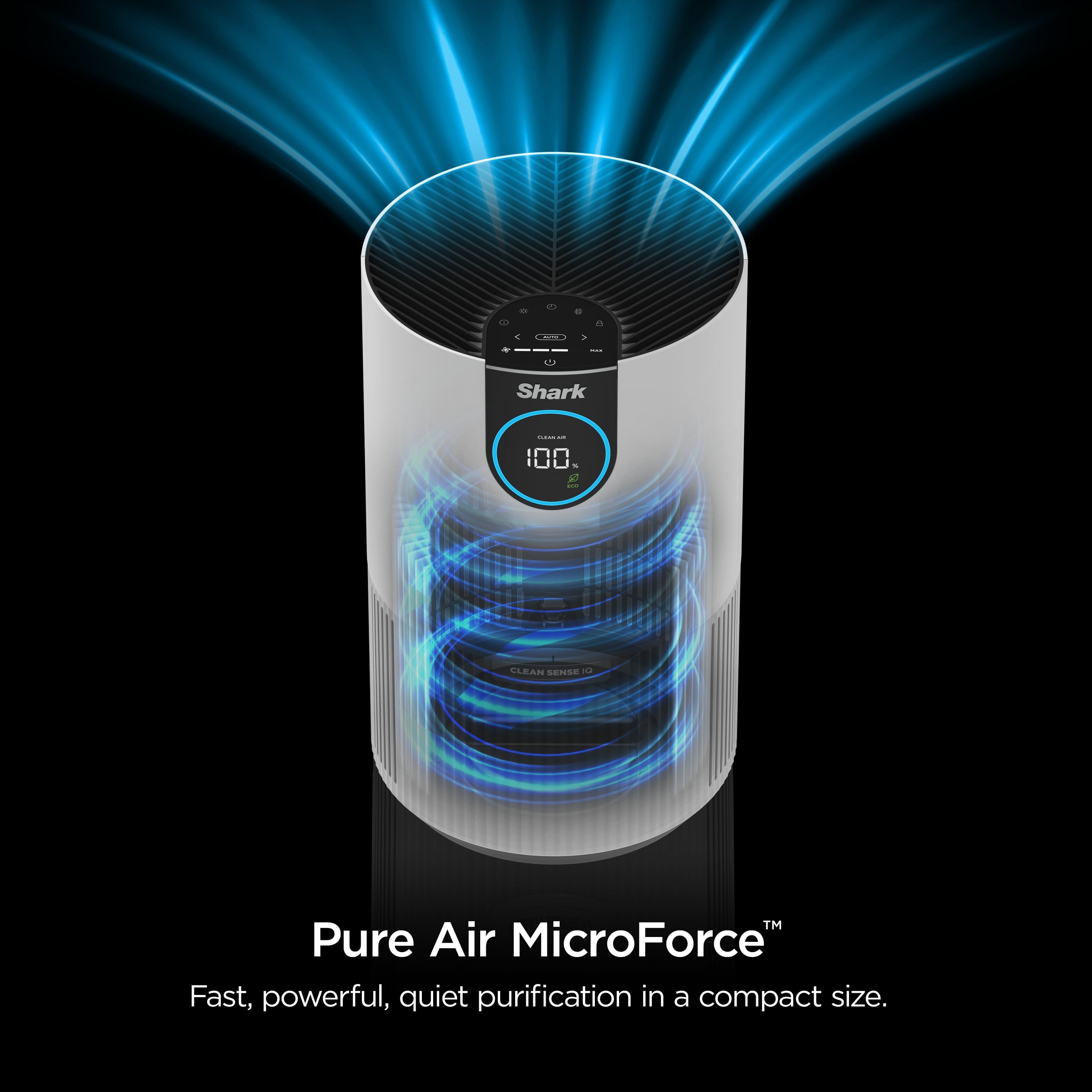 The image features a Shark air purifier with a blue light on it. The purifier is designed to provide fast, powerful, and quiet purification in a compact size. The blue light on the purifier adds an aesthetic touch to the device.