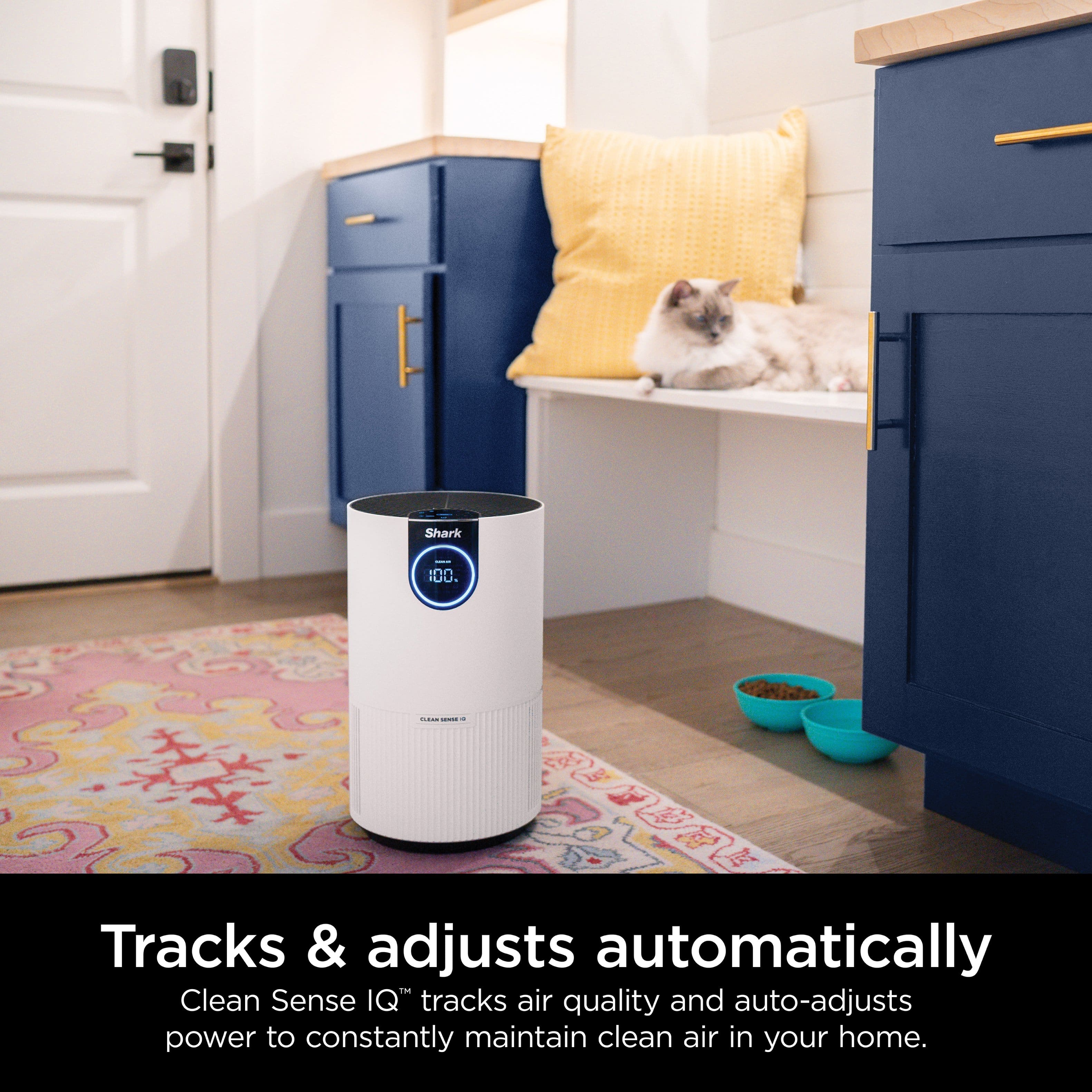 The image features a white and blue air purifier in a home setting. The air purifier is placed on a rug, and there is a cat nearby. The advertisement claims that the air purifier tracks air quality and auto-adjusts power to maintain clean air in the home. The text also emphasizes that it is an automatic air purifier, which can help improve the overall air quality in the house.