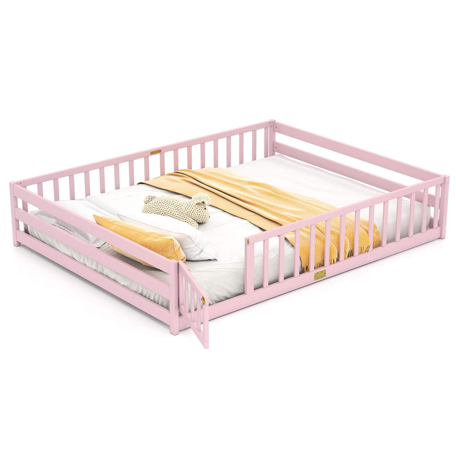 Costway - Queen Size Floor Bed with Full Length Safety Guardrails & Door for Boys, Girls - Pink