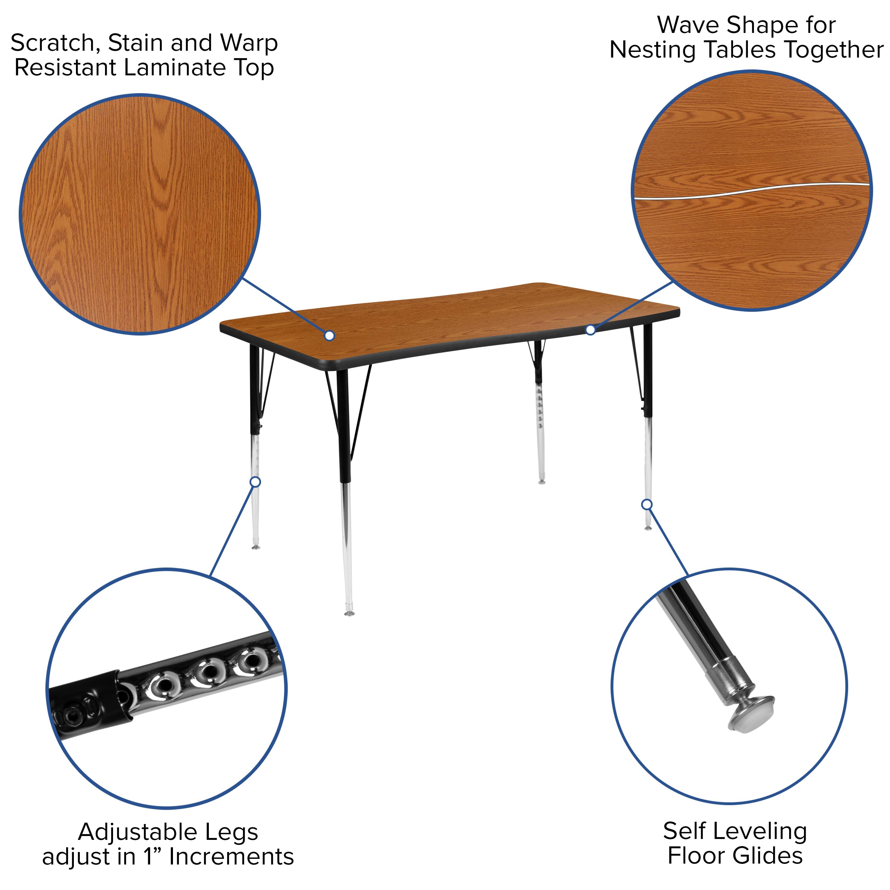 Scratch, Stain and Warp Resistant Laminate Top

Wave Shape for Nesting Tables Together

Adjustable Legs adjust in 1" Increments

Self Leveling Floor Glides