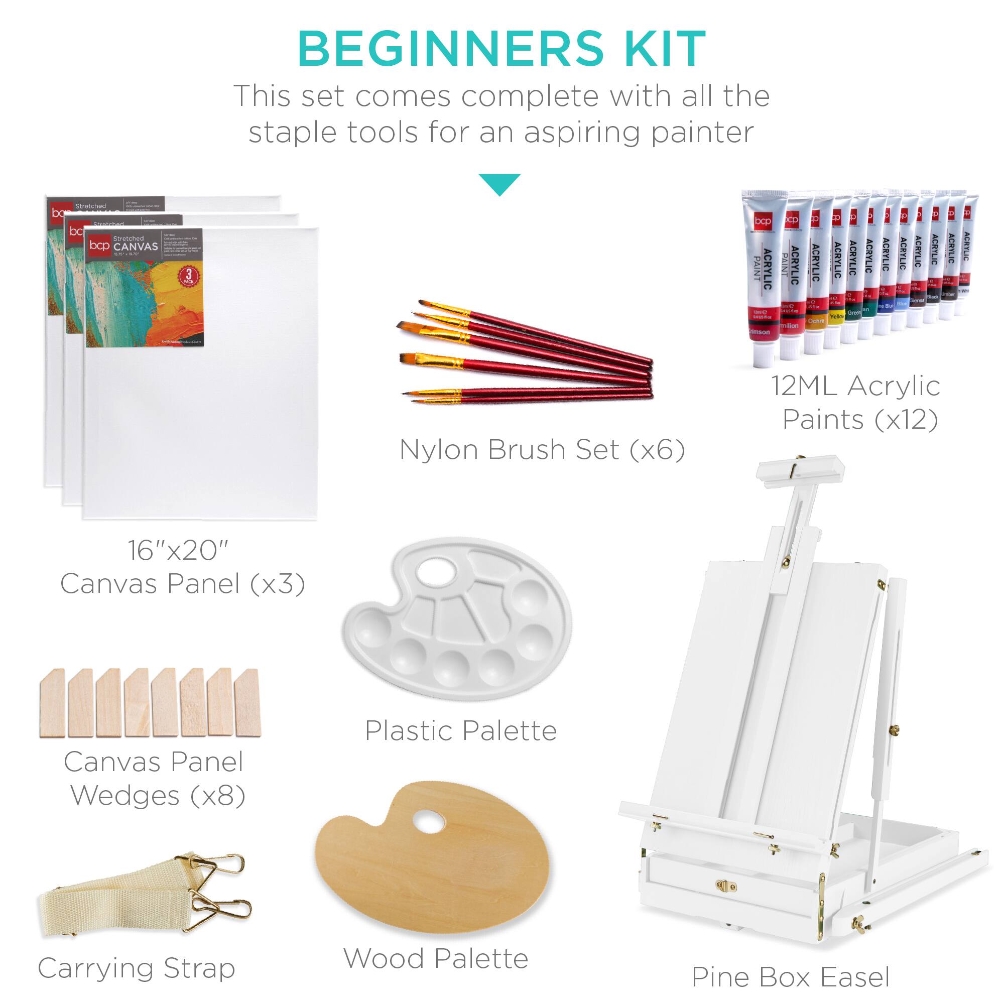 BEGINNERS KIT

This set comes complete with all the staple tools for an aspiring painter

- Nylon Brush Set (x6)
- 12ML Acrylic Paints (x12)
- 16"x20" Canvas Panel (x3)
- Canvas Panel Wedges (x8)
- Plastic Palette
- Carrying Strap
- Wood Palette
- Pine Box Easel