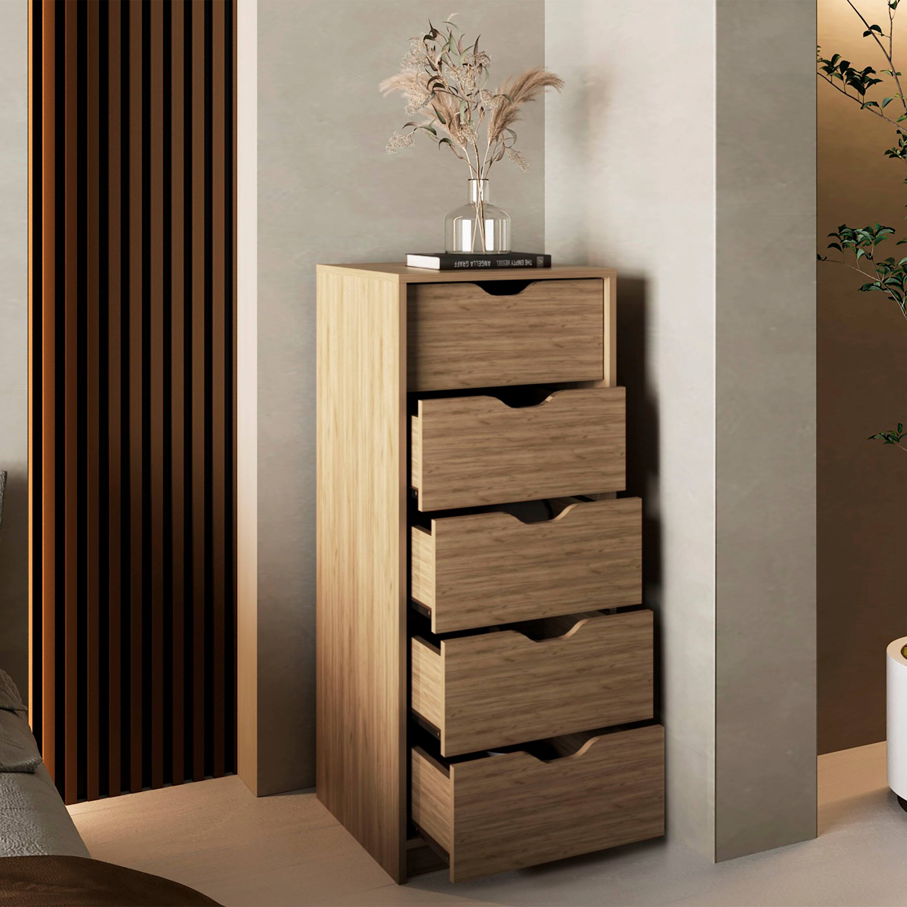 Alt View 1. TuHome - Basilea Tall Narrow Dresser, Pull Out System, Five Drawers - Natural Oak.