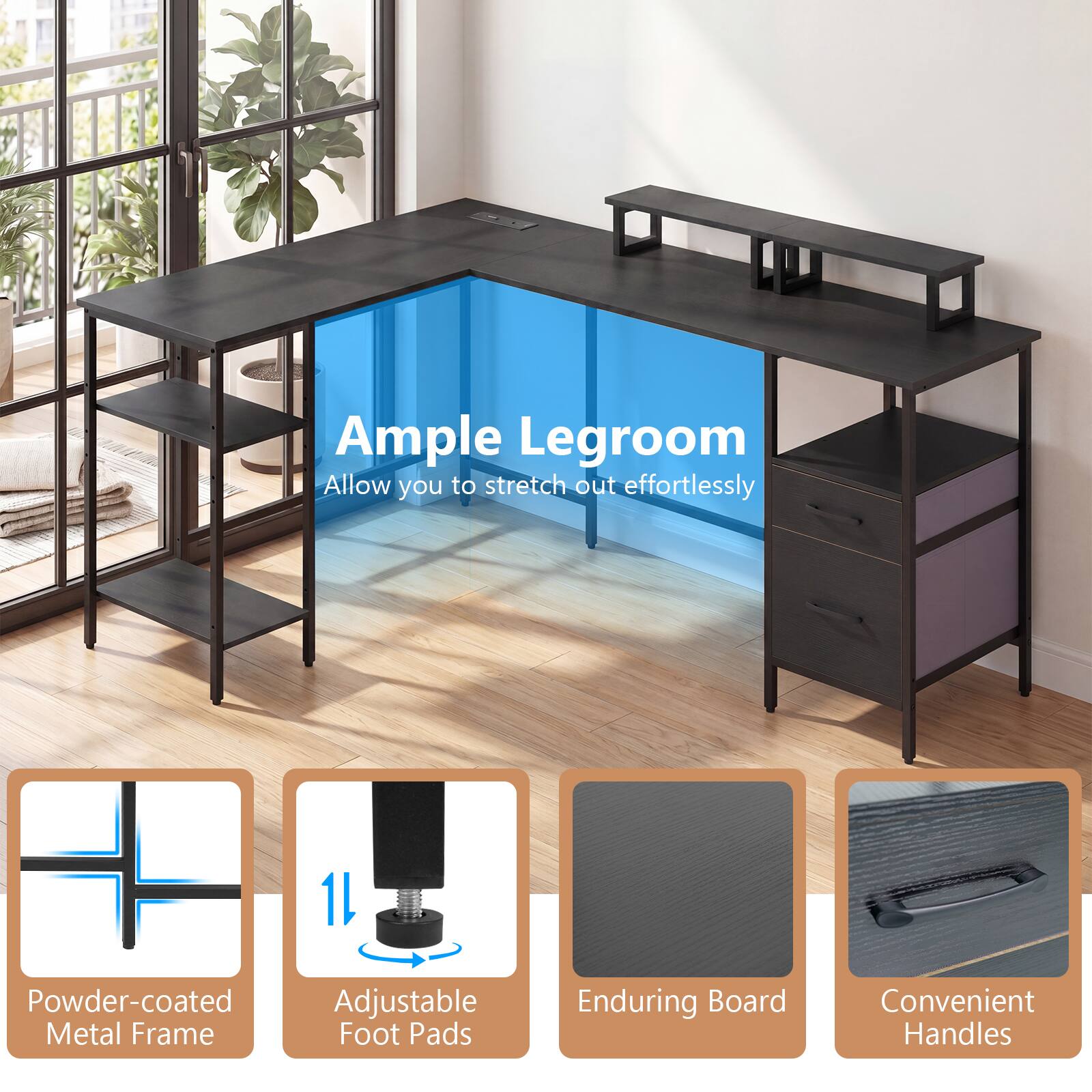 Ample Legroom  
Allow you to stretch out effortlessly  

1L Powder-coated Adjustable Metal Frame  
Foot Pads  
Enduring Board  
Convenient Handles