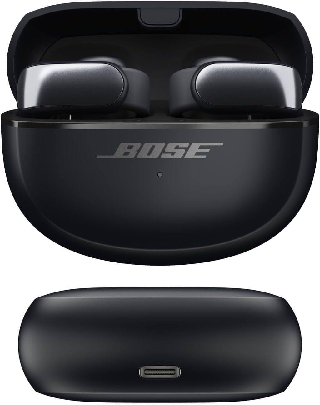 Left. Bose - Bose Ultra Open Earbuds Bundle with Fast Charger -Water Resistant, Up to 48 Hrs of Playtime, (Black) - Black.