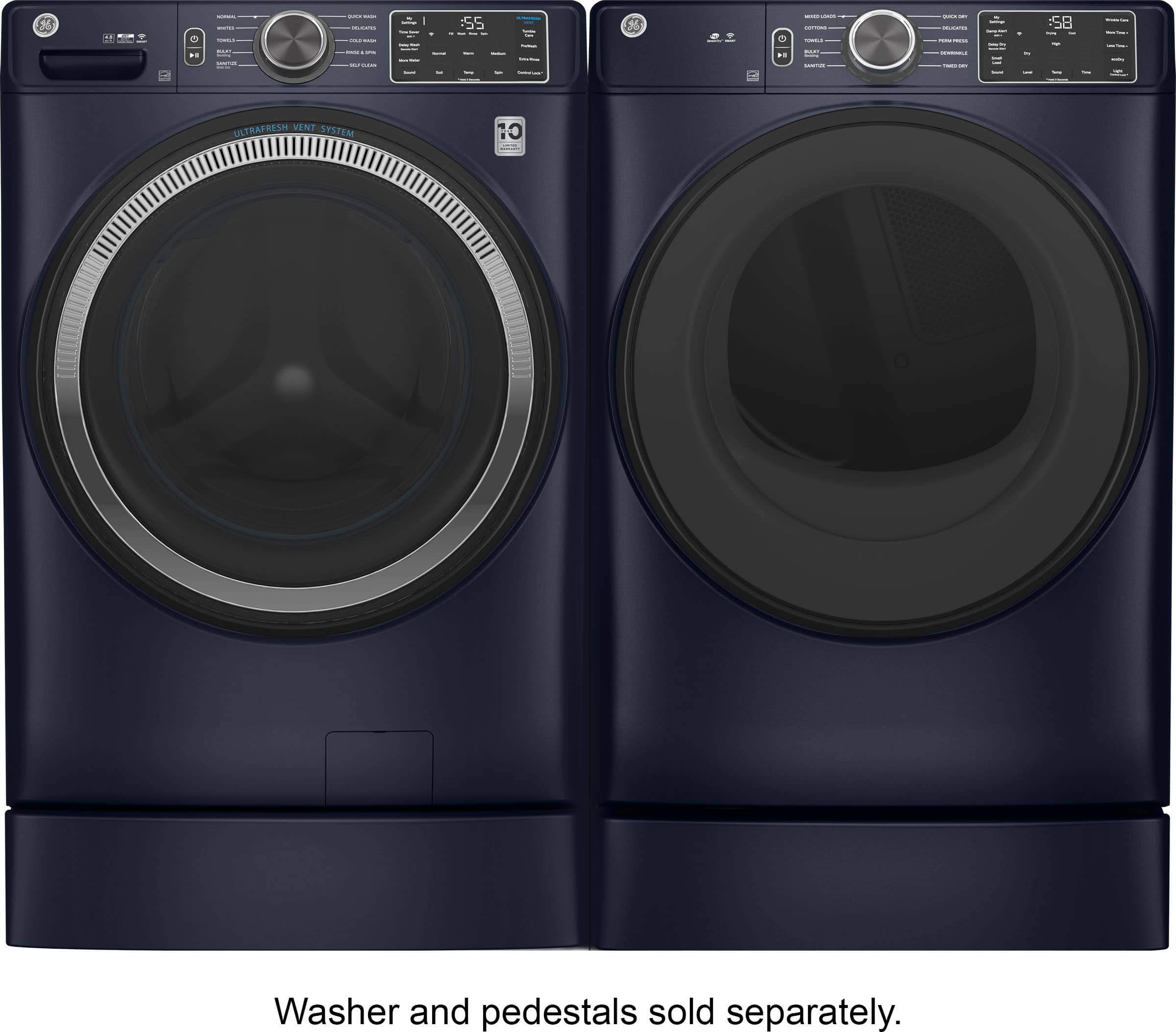 Left. GE - 7.8 Cu. Ft. Smart Electric Dryer with Sanitize Cycle - Sapphire Blue.