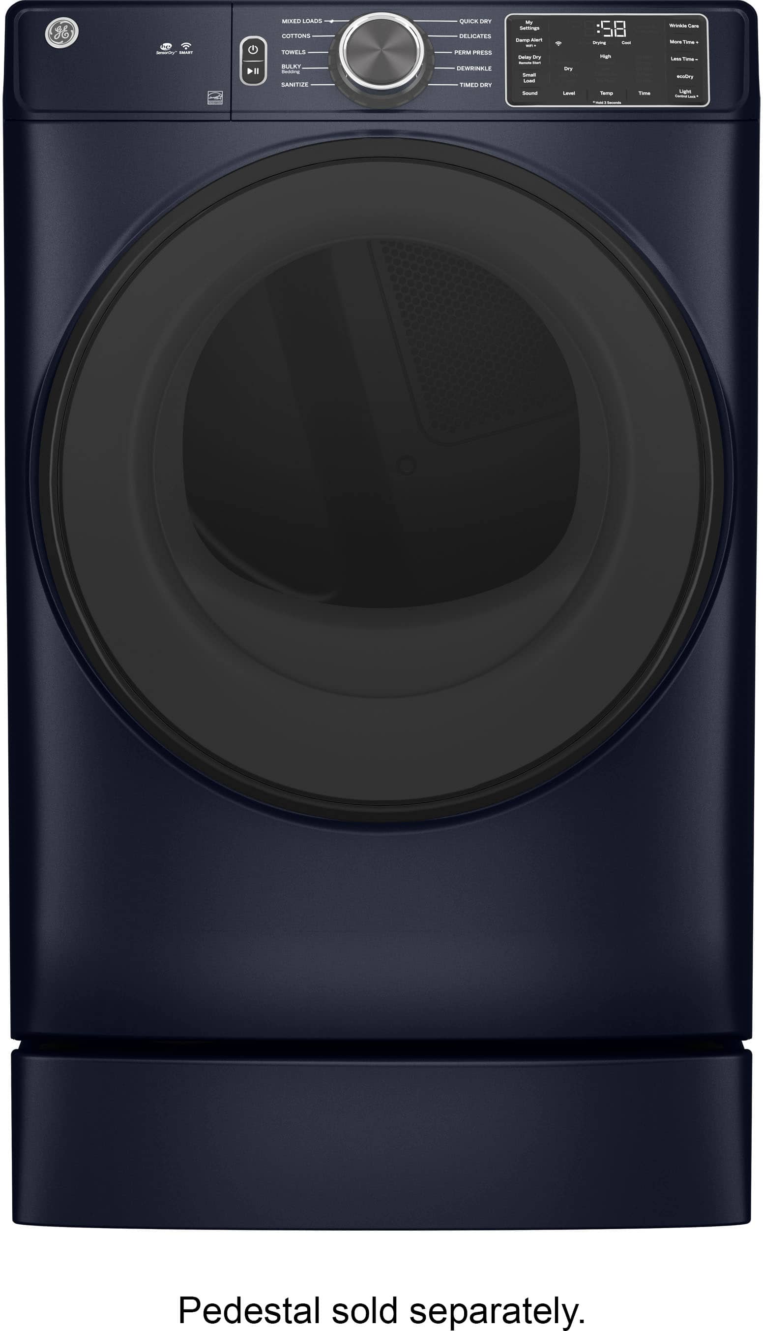 Left. GE - 7.6 Cu. Ft. Smart Gas Dryer with Sanitize Cycle - Sapphire Blue.