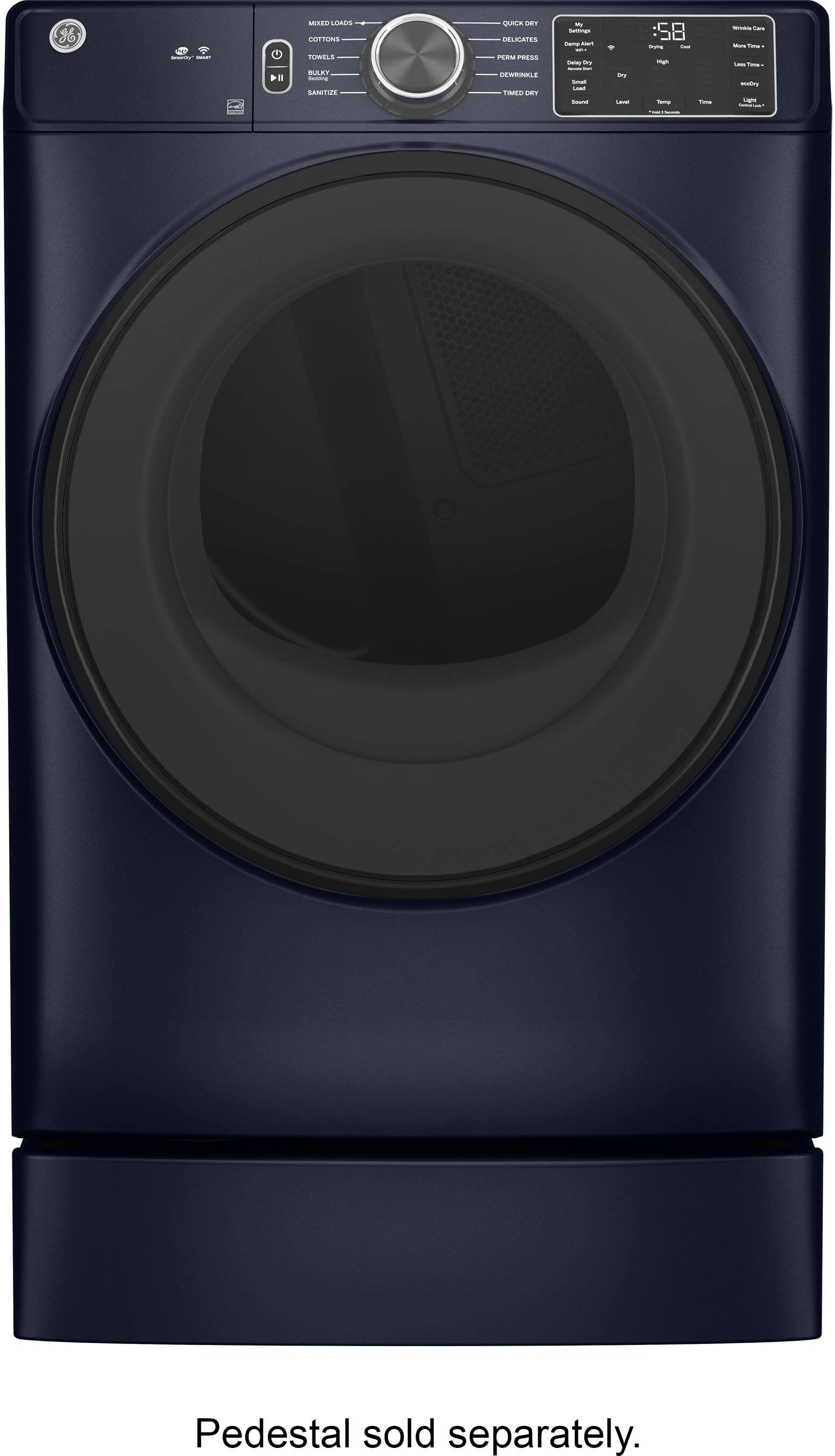 Left. GE - 7.6 Cu. Ft. Smart Gas Dryer with Sanitize Cycle - Sapphire Blue.