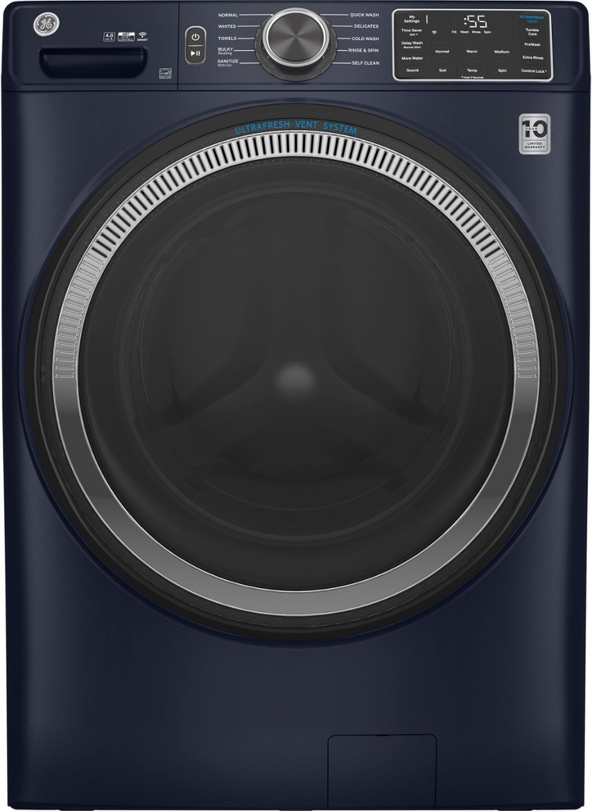 Zoom in on Front Zoom. GE - 4.8 Cu Ft High-Efficiency Stackable Smart Front Load Washer w/UltraFresh Vent System & Microban Antimicrobial Technology - Sapphire Blue.