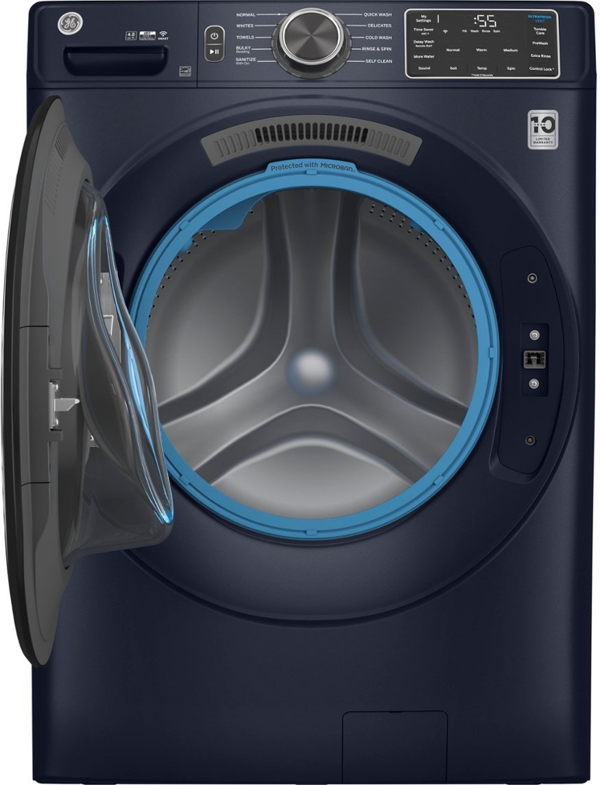 Zoom in on Alt View Zoom 1. GE - 4.8 Cu Ft High-Efficiency Stackable Smart Front Load Washer w/UltraFresh Vent System & Microban Antimicrobial Technology - Sapphire Blue.