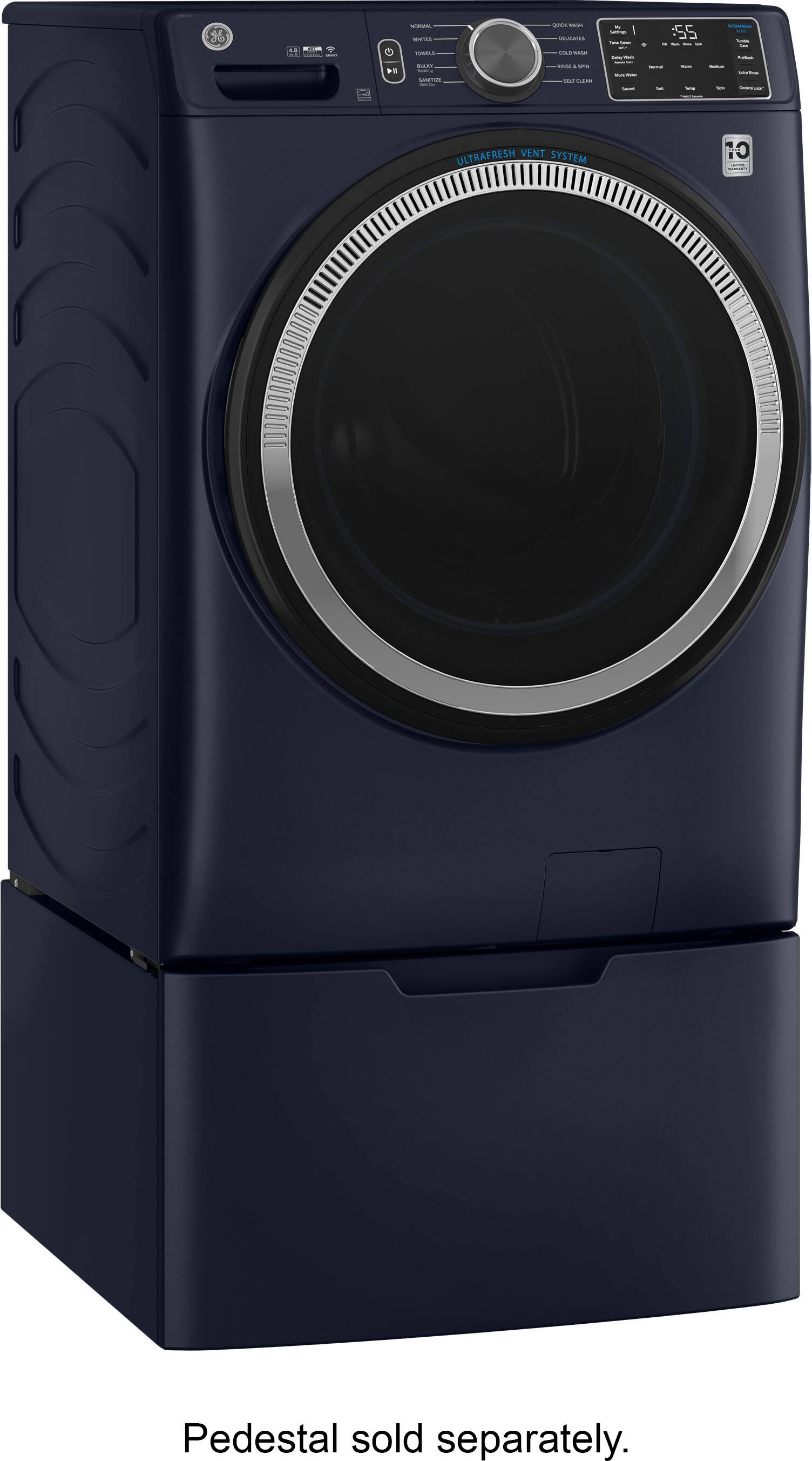 Alt View 2. GE - 4.8 Cu Ft High-Efficiency Stackable Smart Front Load Washer w/UltraFresh Vent System & Microban Antimicrobial Technology - Sapphire Blue.