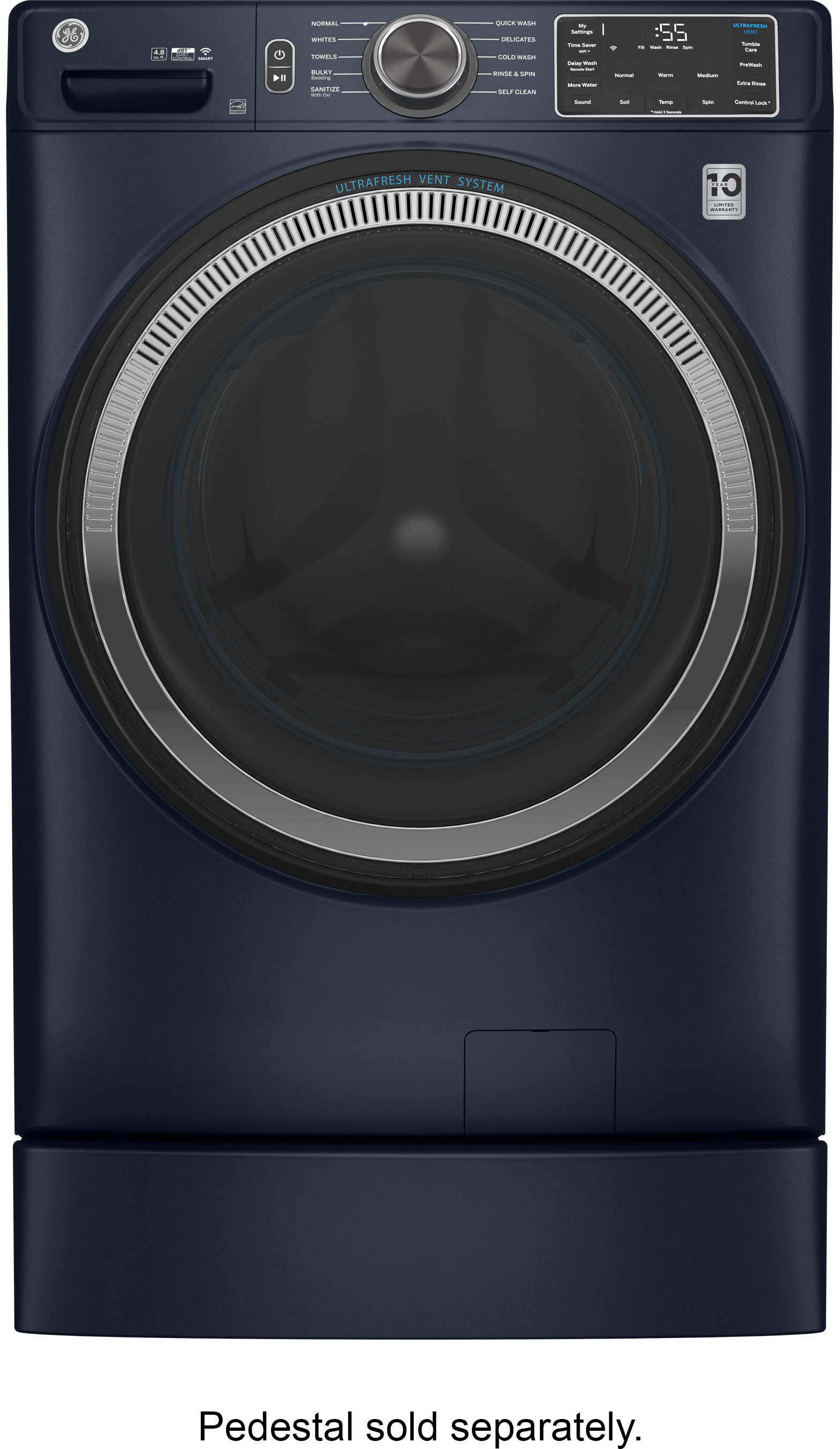 Left View: GE - 4.8 Cu Ft High-Efficiency Stackable Smart Front Load Washer w/UltraFresh Vent System & Microban Antimicrobial Technology - Sapphire Blue