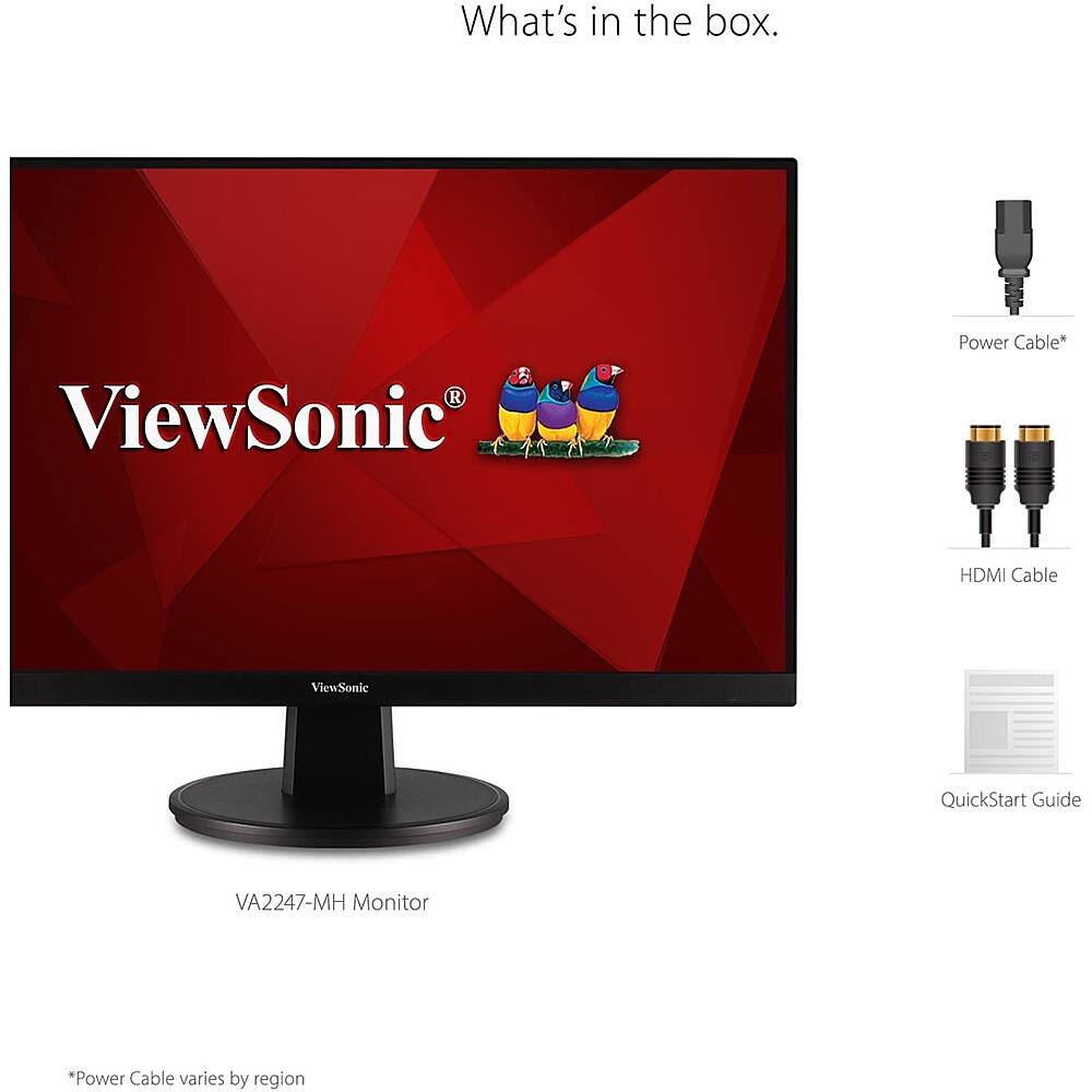 The image features a ViewSonic VA2247-MH monitor, which is a 22-inch monitor with a red background. The box includes a power cable, an HDMI cable, and a quickstart guide. The power cable varies by region, and the monitor is designed for use with a power cable.