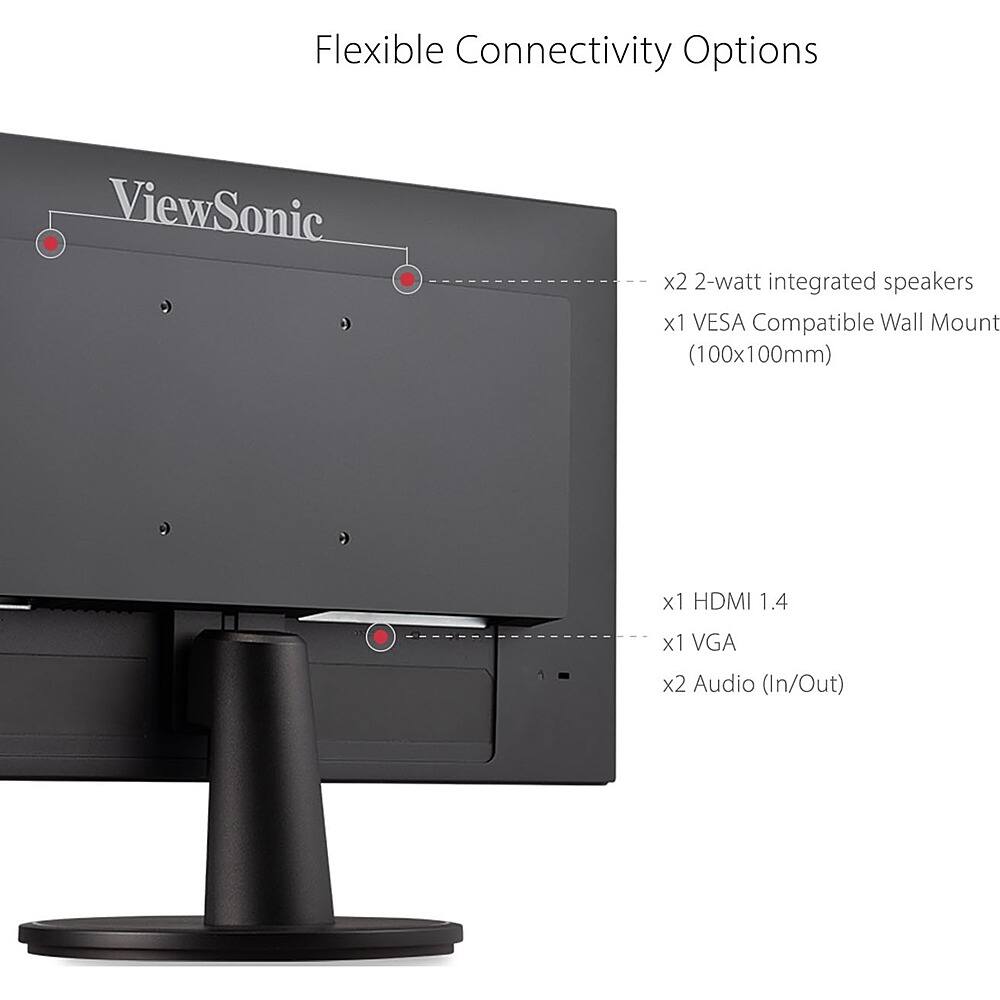 The ViewSonic monitor offers flexible connectivity options, including 2-watt integrated speakers, a VESA compatible wall mount, HDMI 1.4, VGA, and two audio input/output ports.