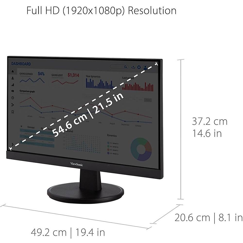 The image features a ViewSonic computer monitor with a full HD (1920x1080p) resolution. The monitor is placed on a desk, and its dimensions are 20.6 cm (8.1 in) in width and 49.2 cm (19.4 in) in height. The screen size is 21.5 cm (8.1 in) in width and 54.6 cm (21.5 in) in height. The monitor is designed to provide an optimal viewing experience for various tasks, such as working, gaming, and multimedia consumption.