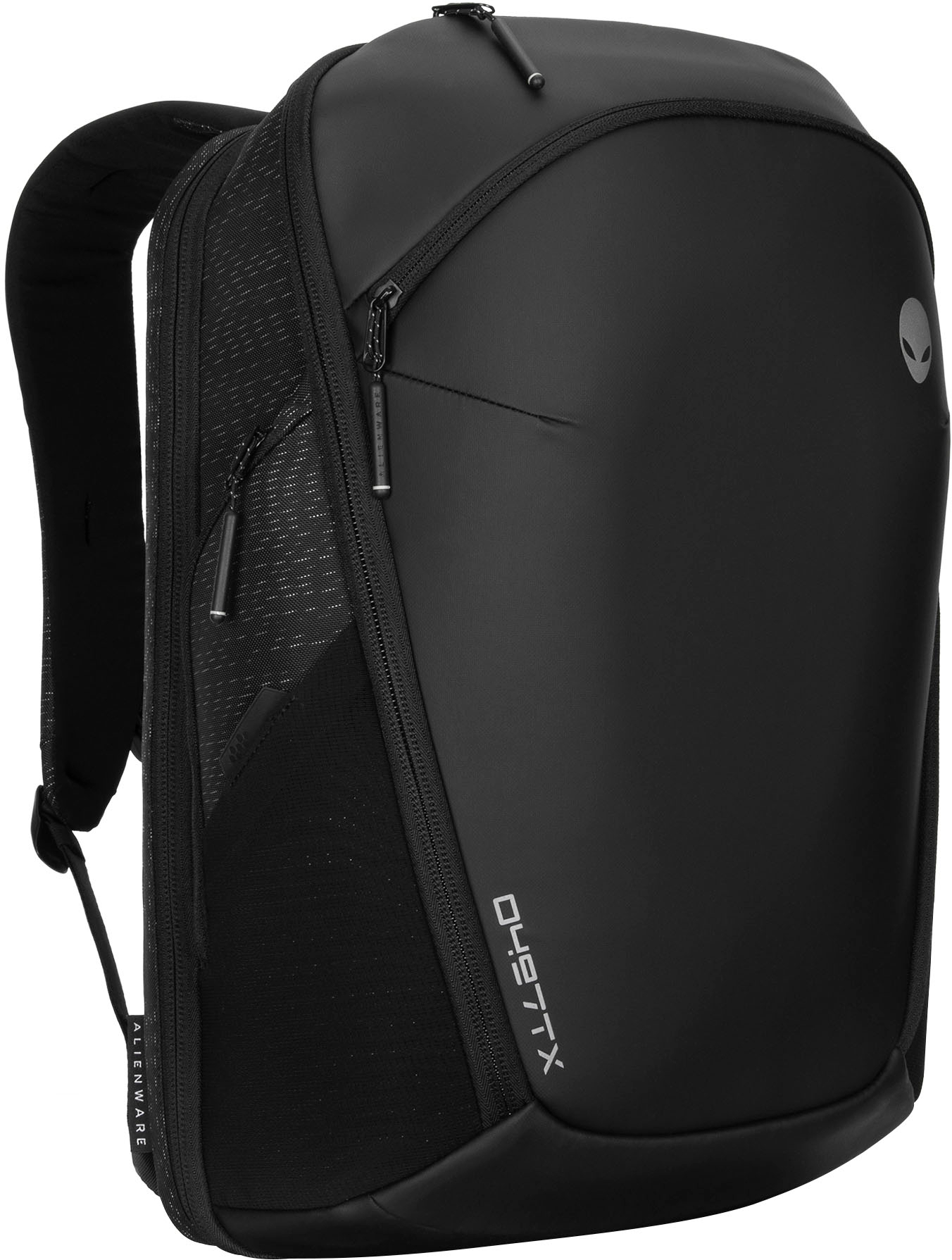 Left View: Dell - Alienware Horizon Travel Backpack (Front pocket, 2 x side zippered pockets, 2 x side mesh pockets, small accessories) - GalaxyWeave Black