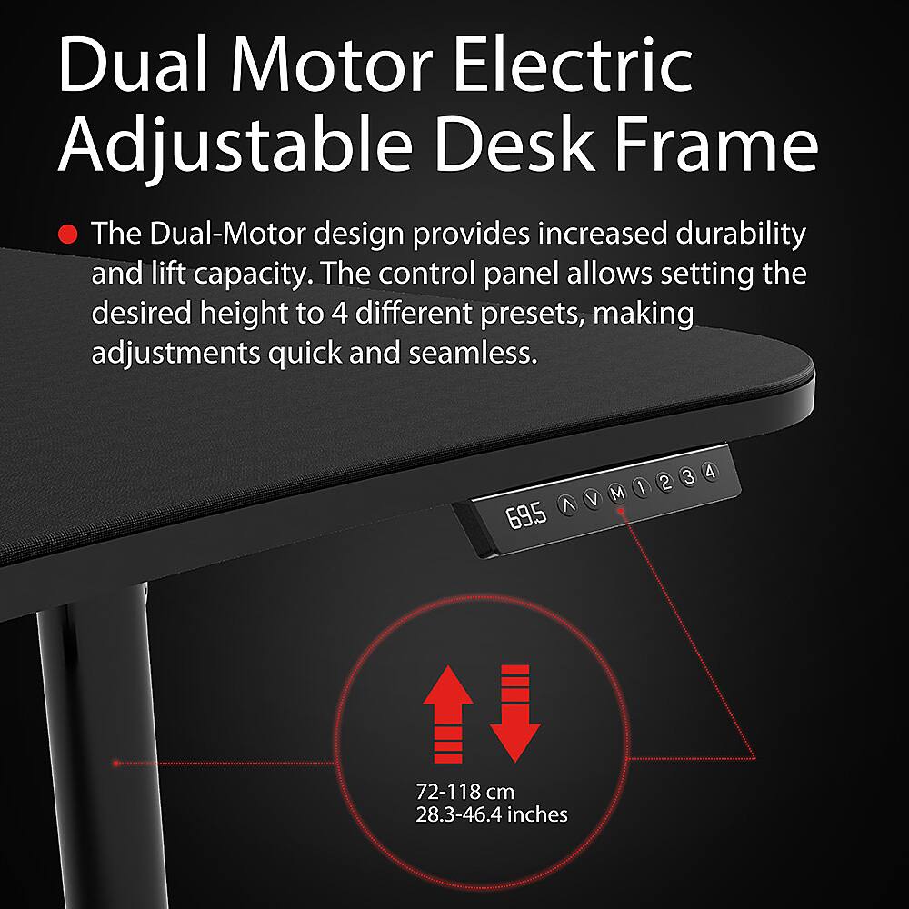 The image features a black electric adjustable desk frame with a control panel. The frame is designed with a dual-motor system, offering increased durability and lift capacity. The control panel allows users to set the desired height to four different presets, making adjustments quick and seamless. The dimensions of the frame are 72-118 cm or 28.3-46.4 inches.