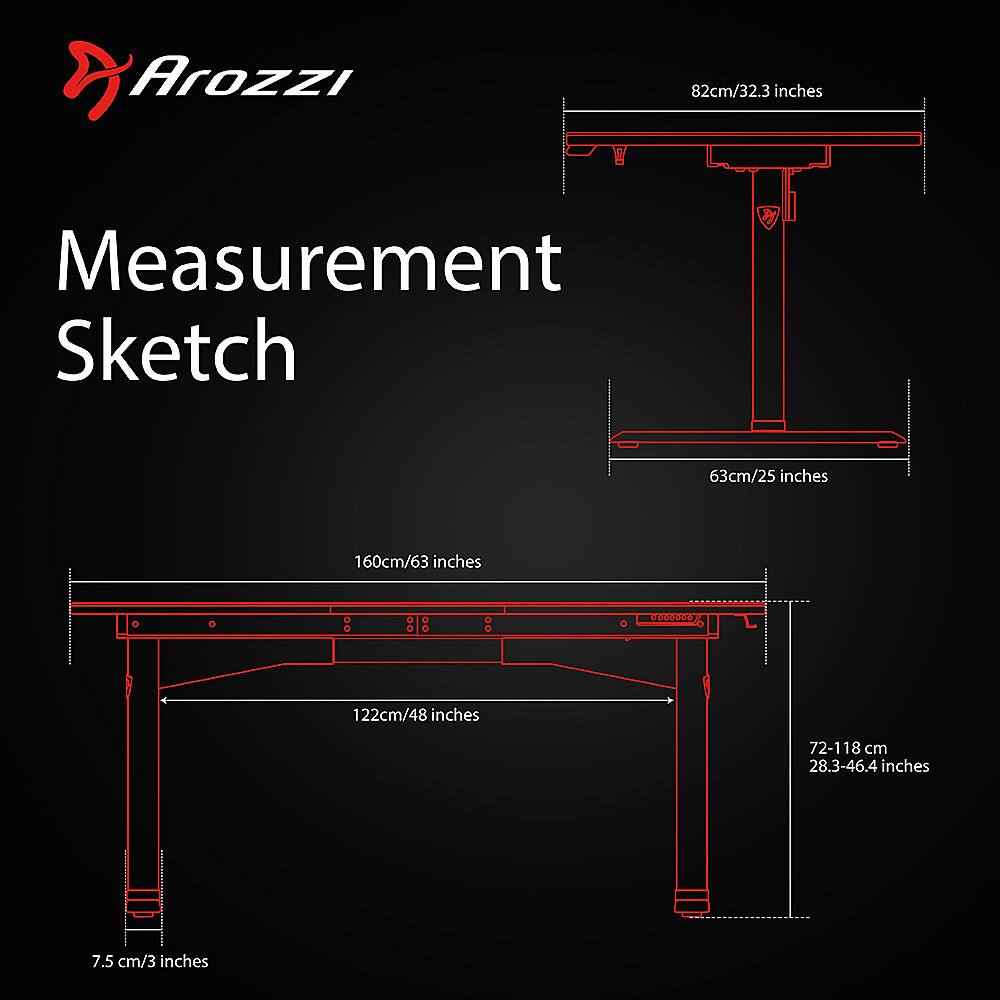 Arozzi Measurement Sketch: 82cm/32.3 inches, 63cm/25 inches, 160cm/63 inches, 122cm/48 inches, 72-118 cm, 28.3-46.4 inches, 7.5 cm/3 inches.