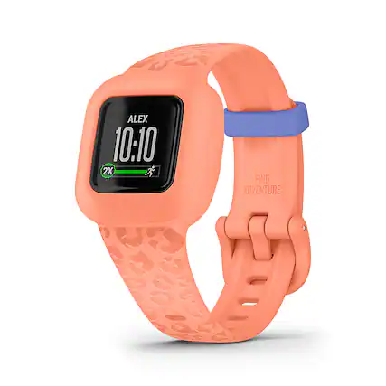Front. Garmin - vívofit jr. 3 Kids Fitness Tracker - Peach Leopard.